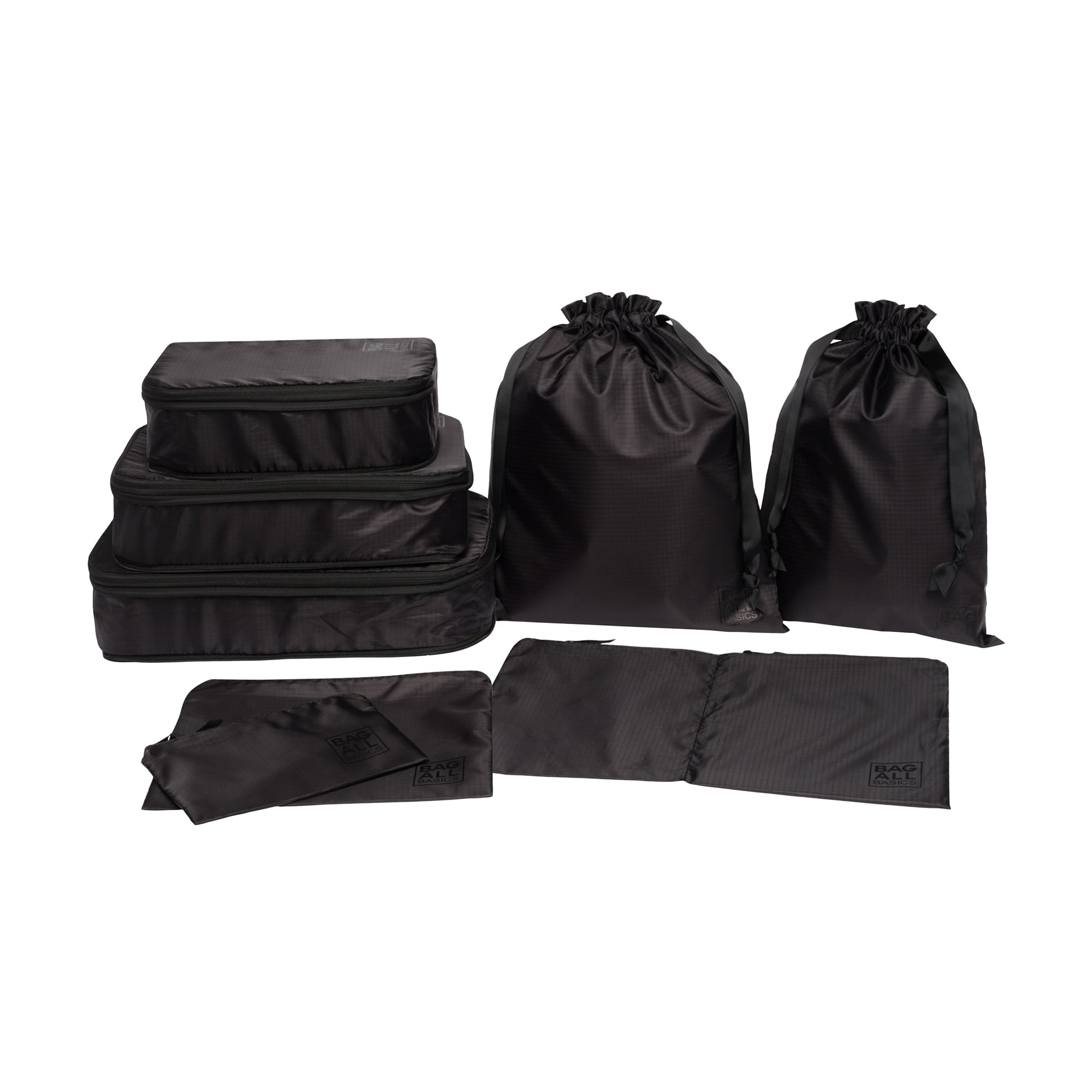 Bag-all Compression Cubes & Packing Bags Set in black, featuring 8 recycled nylon organizers including compression cubes, packing cases, and drawstring bags for efficient travel storage