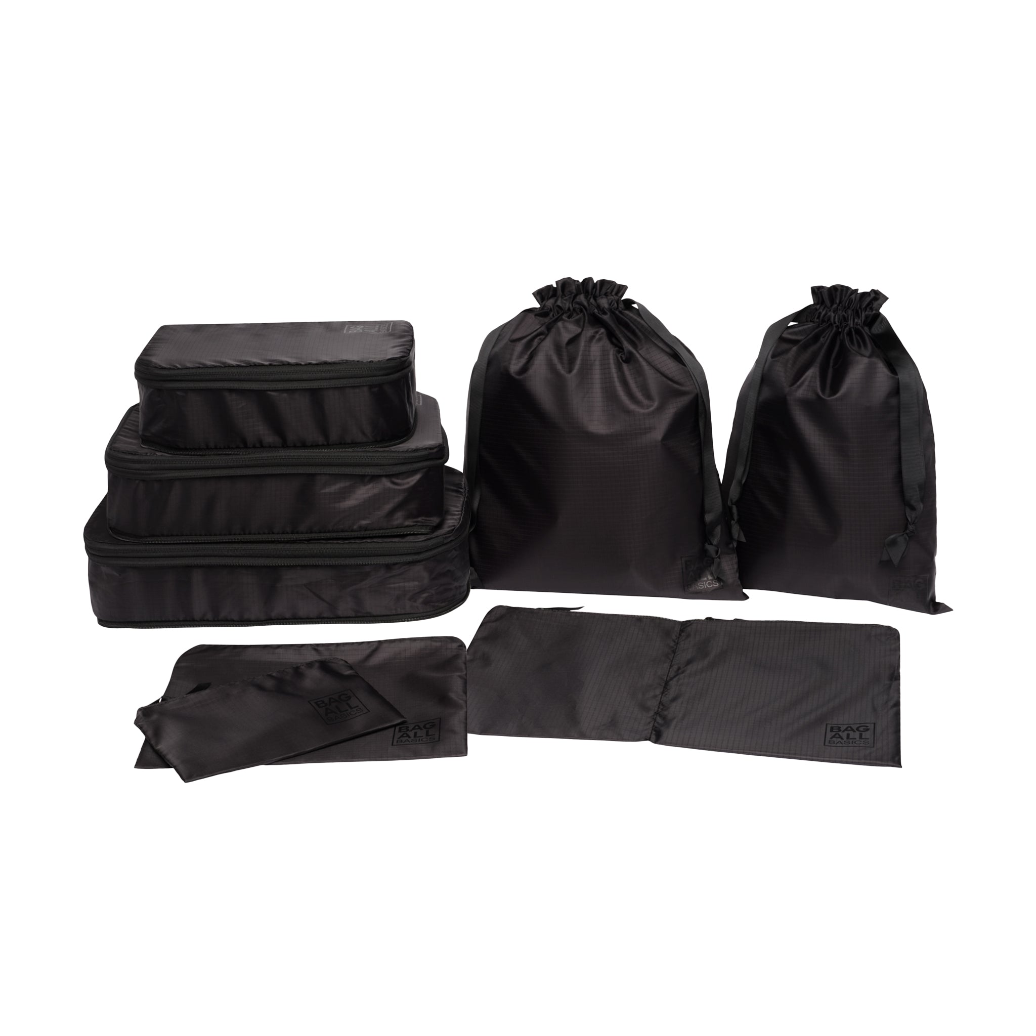Bag-all Compression Cubes & Packing Bags Set in black, featuring 8 recycled nylon organizers including compression cubes, packing cases, and drawstring bags for efficient travel storage