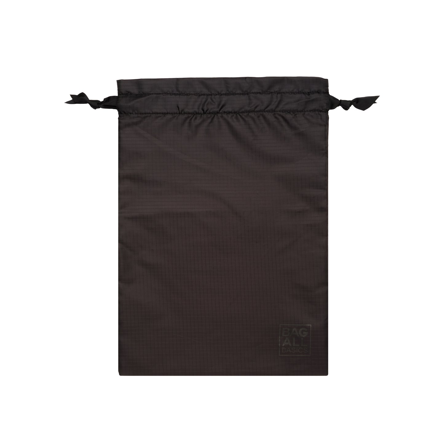 Bag-all Black Compression Cube & Packing Bag from recycled nylon featuring drawstring closure and brand logo patch, perfect for organized travel