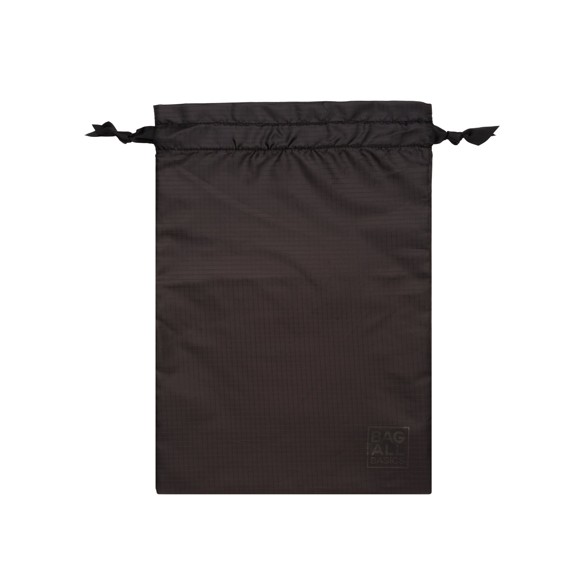 Bag-all Black Compression Cube & Packing Bag from recycled nylon featuring drawstring closure and brand logo patch, perfect for organized travel