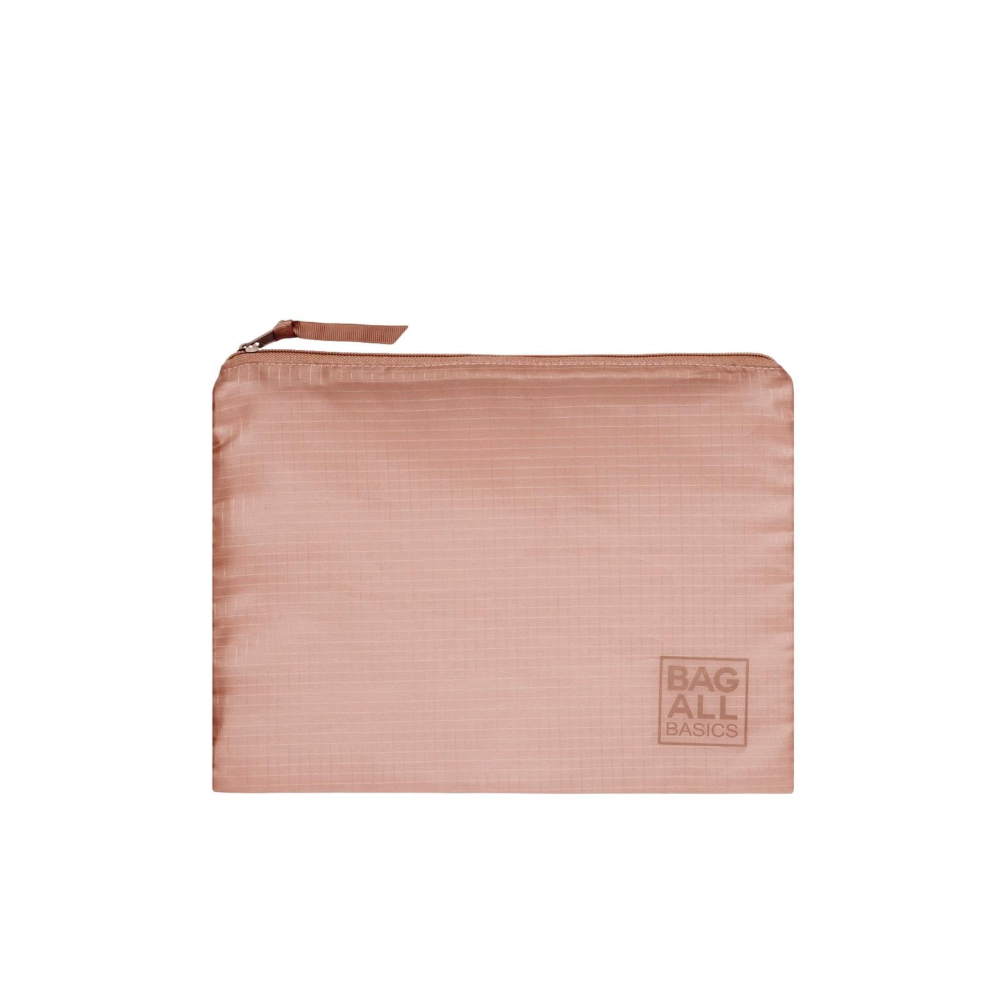 Bag-all Compression Cube in Pink/Blush - Eco-friendly recycled nylon travel organizer with zipper closure and brand logo, part of 8-pack packing set