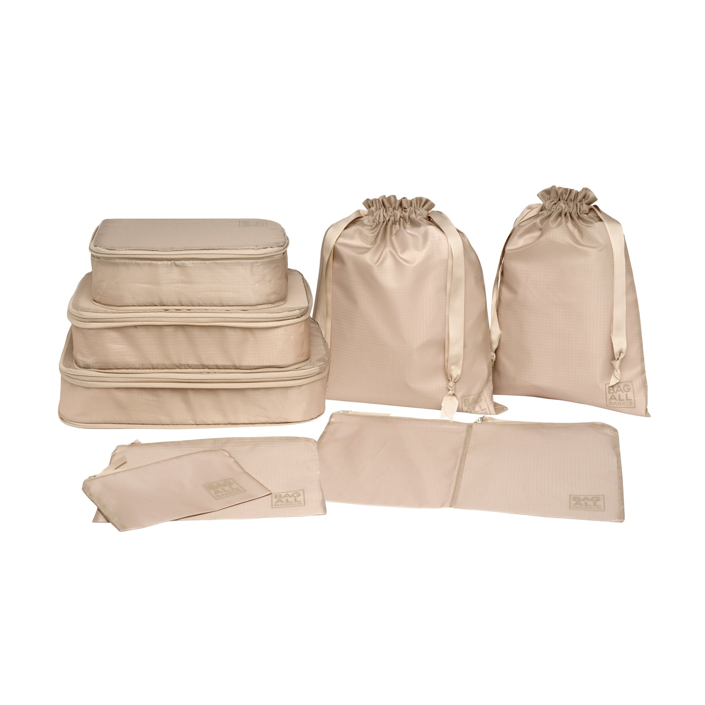 Bag-all Compression Cubes & Packing Bags Set in taupe, featuring 8 eco-friendly recycled nylon organizers including compression cubes, packing cases, and drawstring bags for travel