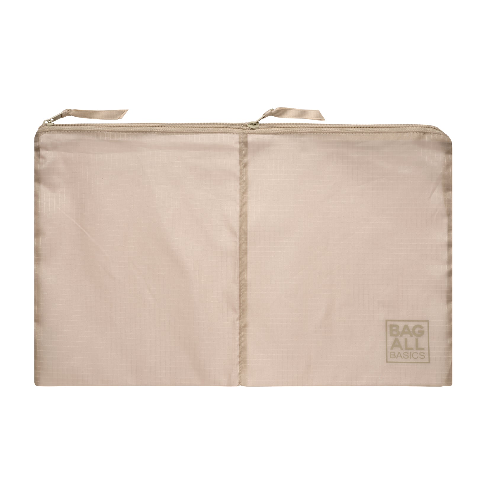 Bag-all Compression Cube & Packing Bag in taupe recycled nylon, featuring dual compartments with zipper closure and subtle brand logo, perfect for organized travel