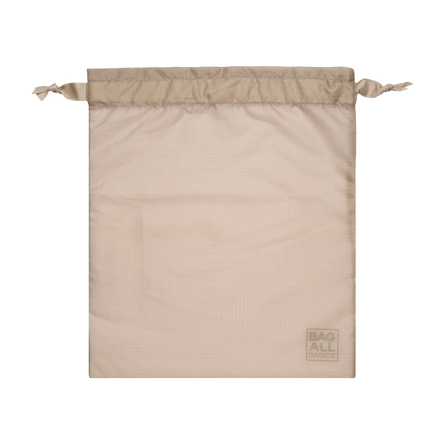 Bag-all Compression Cube & Packing Bag in taupe, featuring drawstring closure and recycled nylon material with brand logo, part of 8-piece travel organizer set.