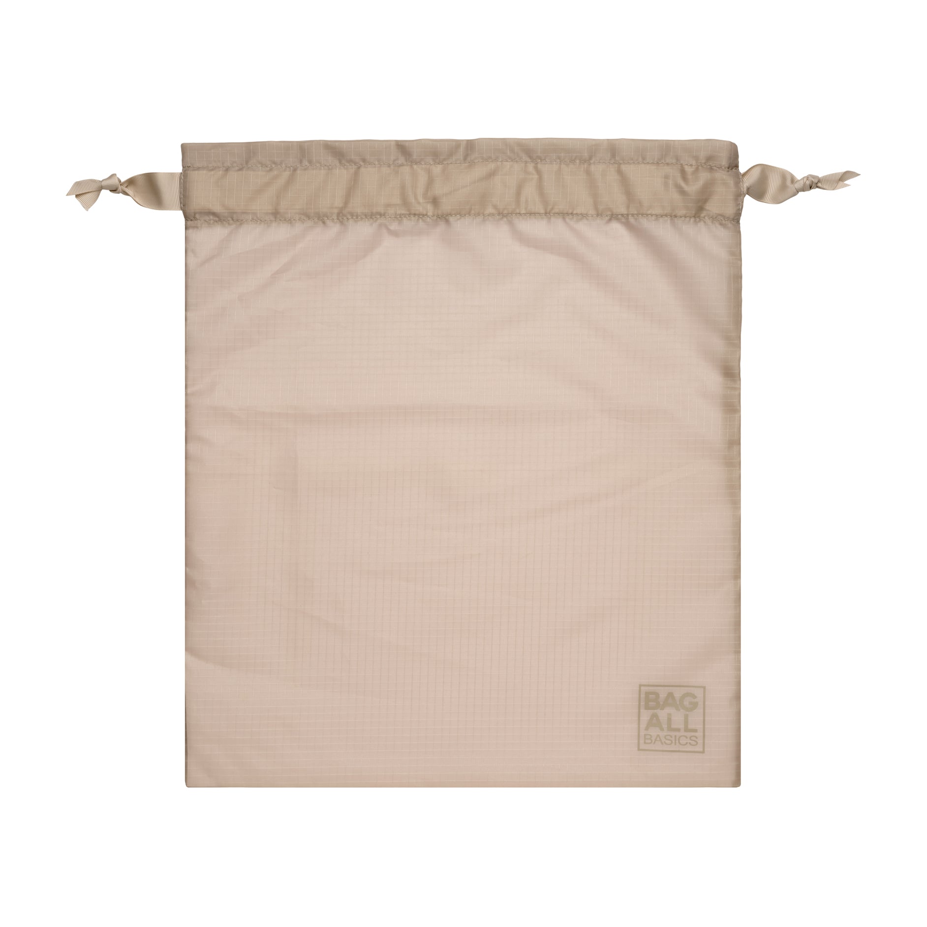 Bag-all Compression Cube & Packing Bag in taupe, featuring drawstring closure and recycled nylon material with brand logo, part of 8-piece travel organizer set.