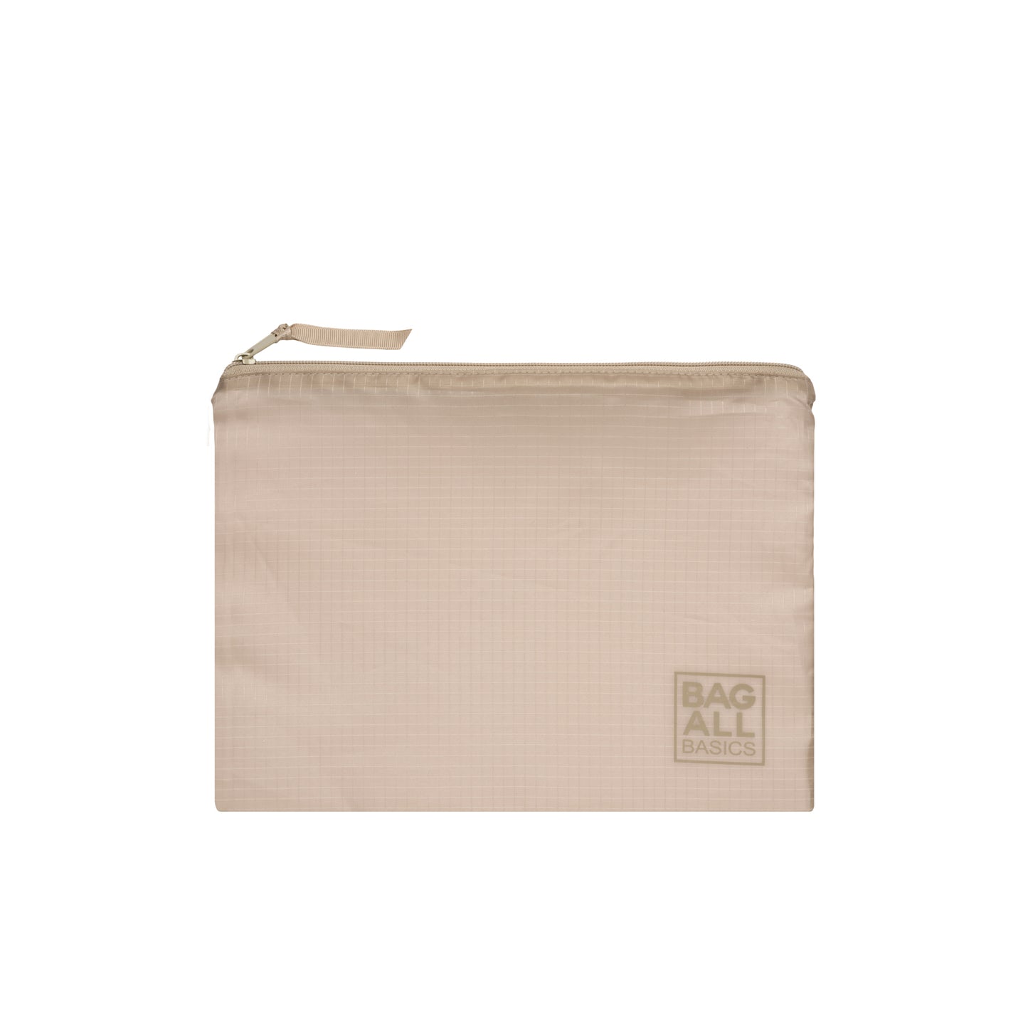 Bag-all Compression Cube in taupe, part of 8-pack travel organizer set, made from recycled nylon with durable zipper closure and brand logo