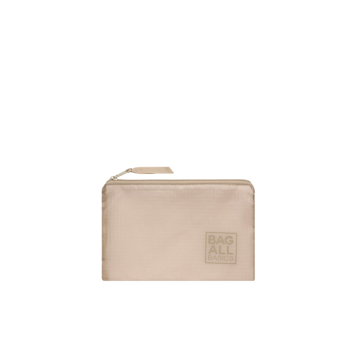 Bag-all recycled nylon compression cube in taupe, part of 8-pack travel organizer set, featuring zipper closure and embossed logo