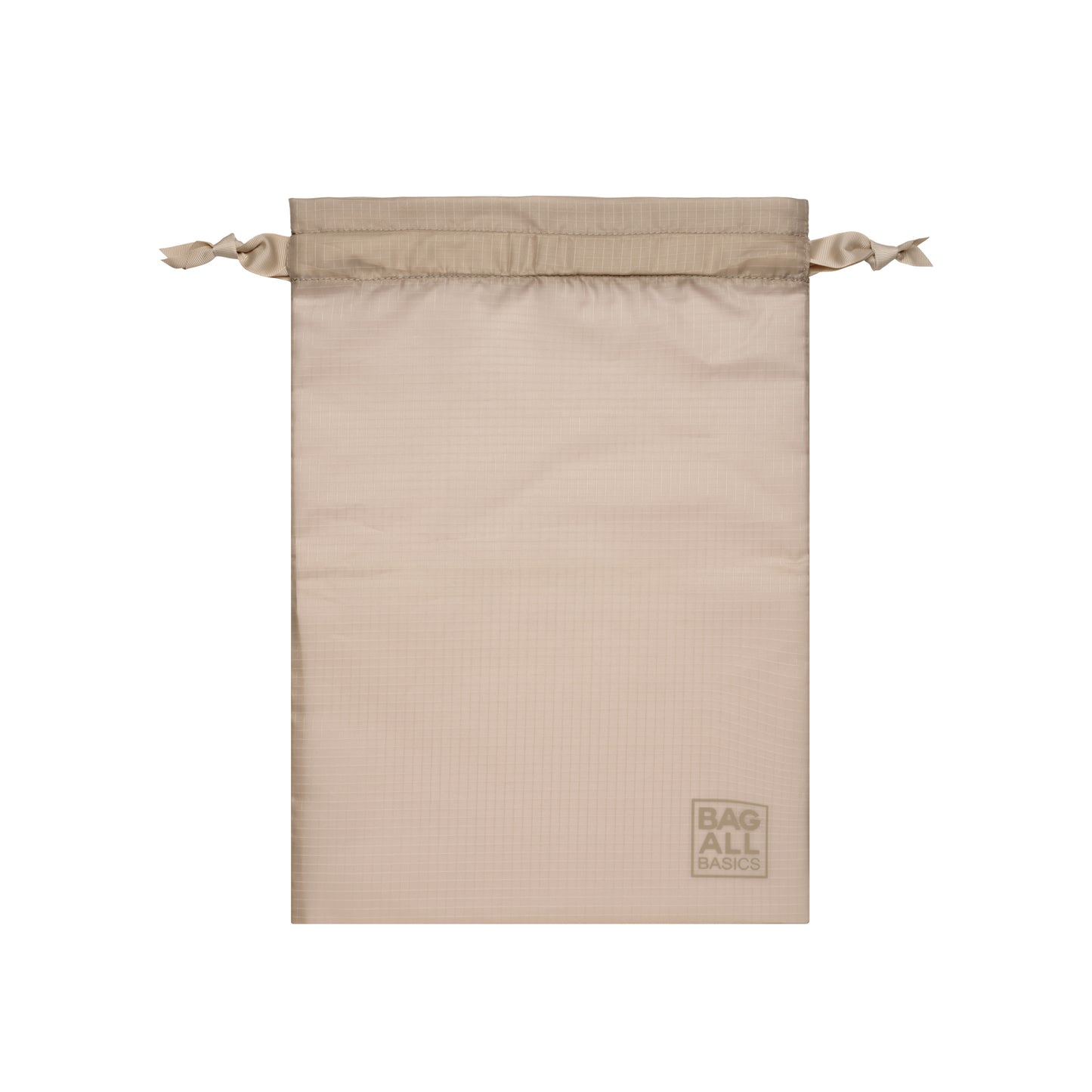 Bag-all Compression Cubes & Packing Bags Set in taupe, featuring recycled nylon drawstring bag with reinforced micro threads and Bag-all logo