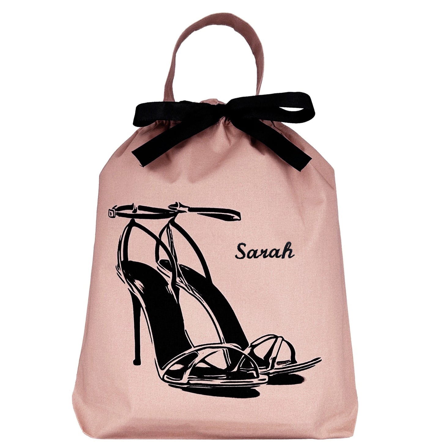 Bag-all High Heel Sandal Shoe Bag in pink cotton with black bow and stylish stiletto sandal illustration, featuring protective drawstring design for travel and storage
