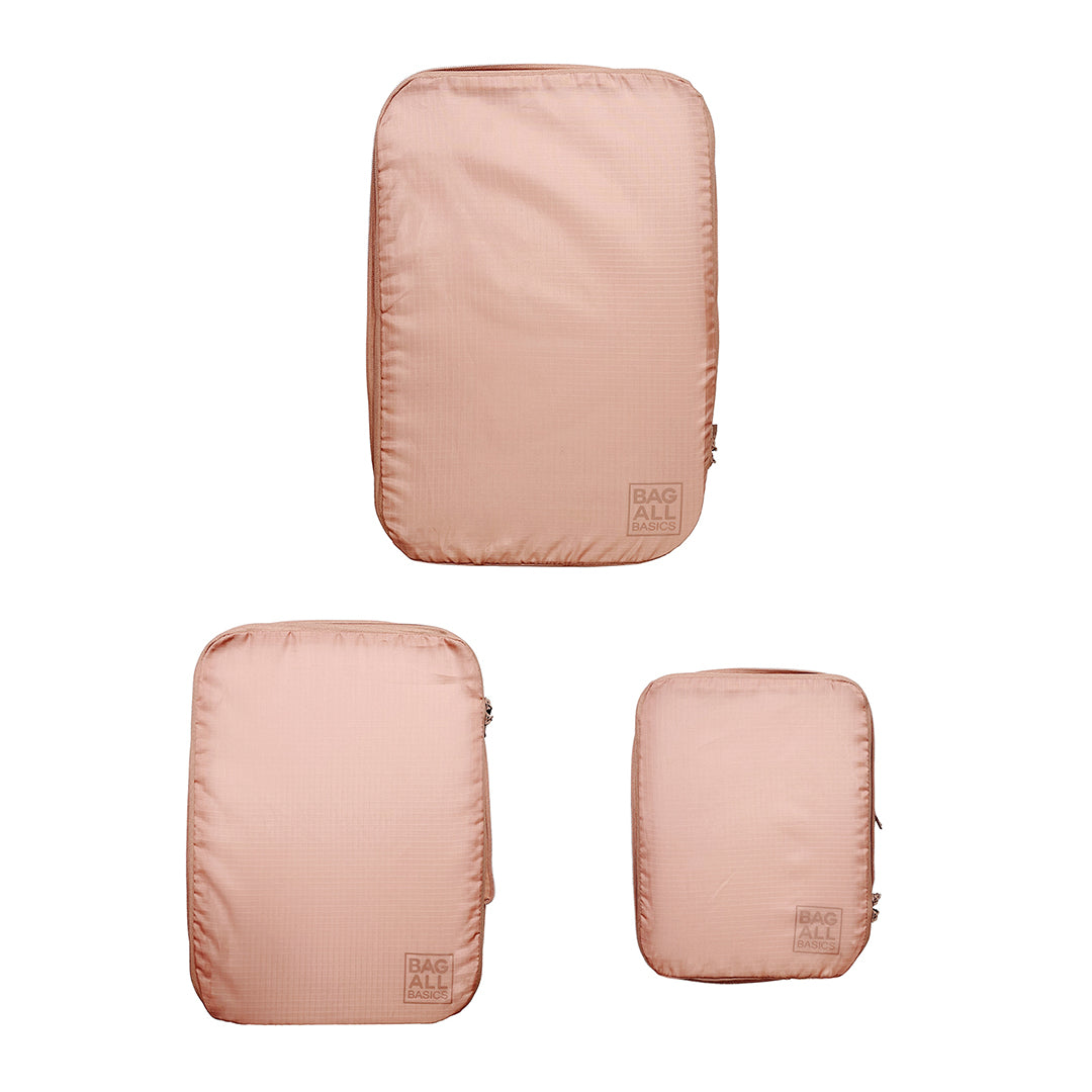 Bag-all Pink Recycled Nylon Compression Packing Cubes Set of 3 - Eco-friendly travel organizers with space-saving design, featuring reinforced micro threads and customizable initials