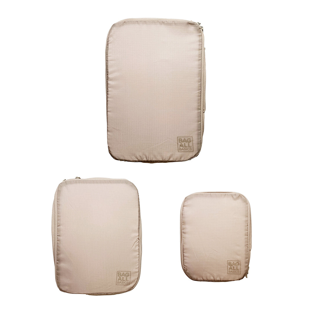 Bag-all recycled nylon compression packing cubes in taupe, set of 3 different sizes with reinforced stitching and space-saving design for eco-conscious travelers