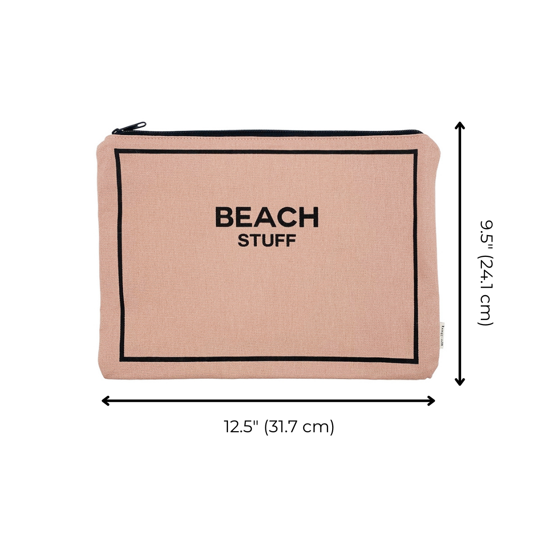 Bag-all Monogram Beach Pouch in pink cotton with black border and text 'BEACH STUFF', featuring waterproof lining and metal zipper for sunscreen and swimwear storage