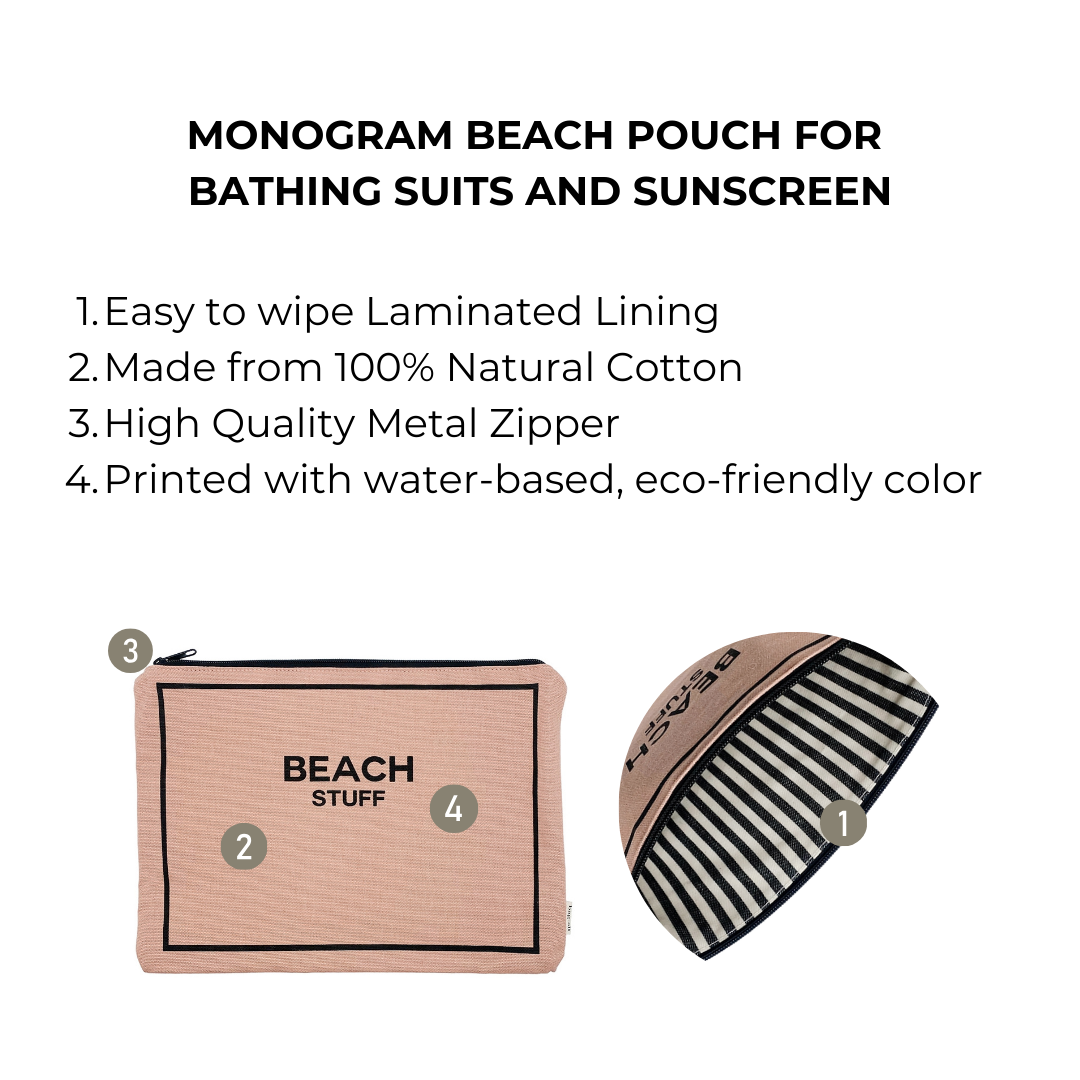 Bag-all Monogram Beach Pouch in pink with waterproof striped lining, cotton exterior, metal zipper, perfect for storing bathing suits and beach essentials