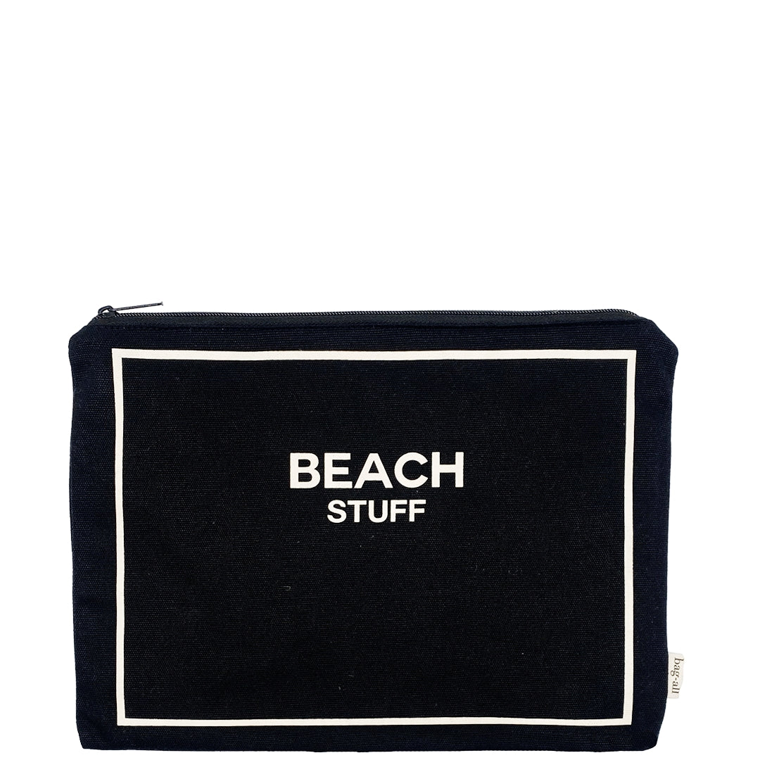 Bag-all Black Cotton Beach Stuff Pouch with White Border and Text, Waterproof Interior for Bathing Suits and Beach Essentials