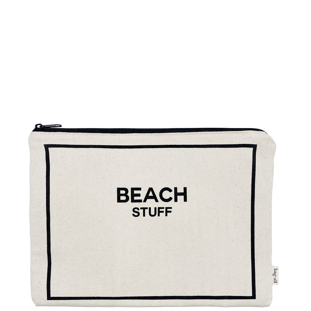 Bag-all Stylish Beach Essential Set cream cotton organizer pouch with black border and "BEACH STUFF" text, featuring waterproof design and zipper closure