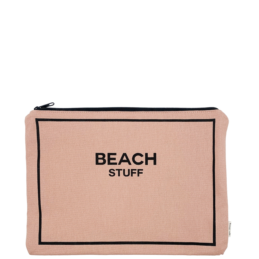 Bag-all Pink Beach Stuff Monogram Pouch with black border and zipper, waterproof cotton organizer for bathing suits and beach essentials