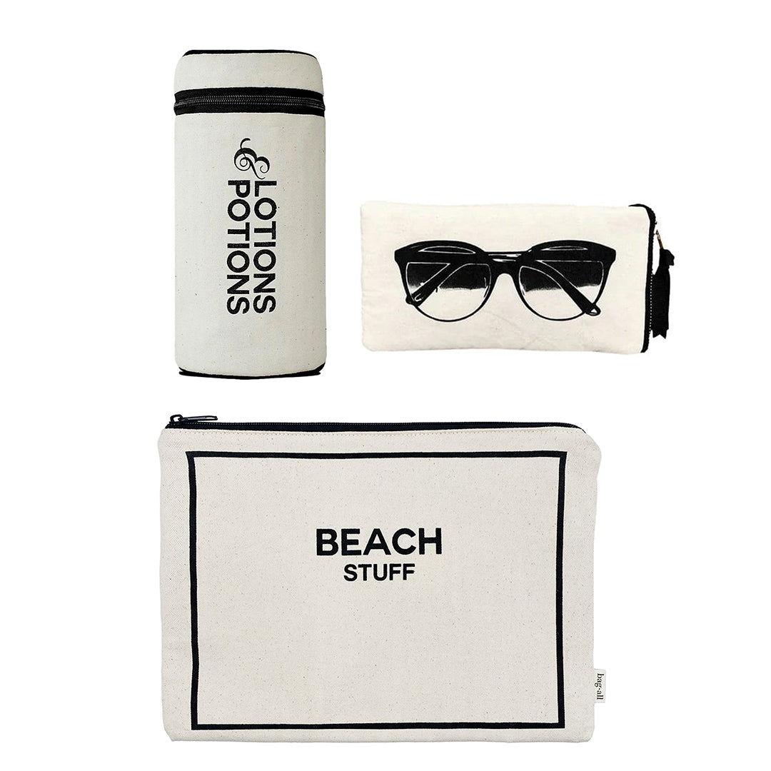 Bag-all Stylish Beach Essential Set featuring cream cotton cases: Lotions & Potions holder, sunglasses case, and Beach Stuff organizer with black text and zipper details