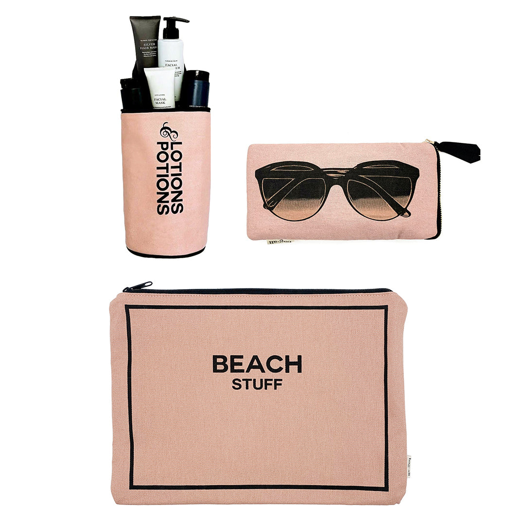 Bag-all Stylish Beach Essential Set in pink featuring waterproof pouch for lotions, sunglasses case, and beach stuff organizer bag. Monogrammable cotton accessories in blush color.