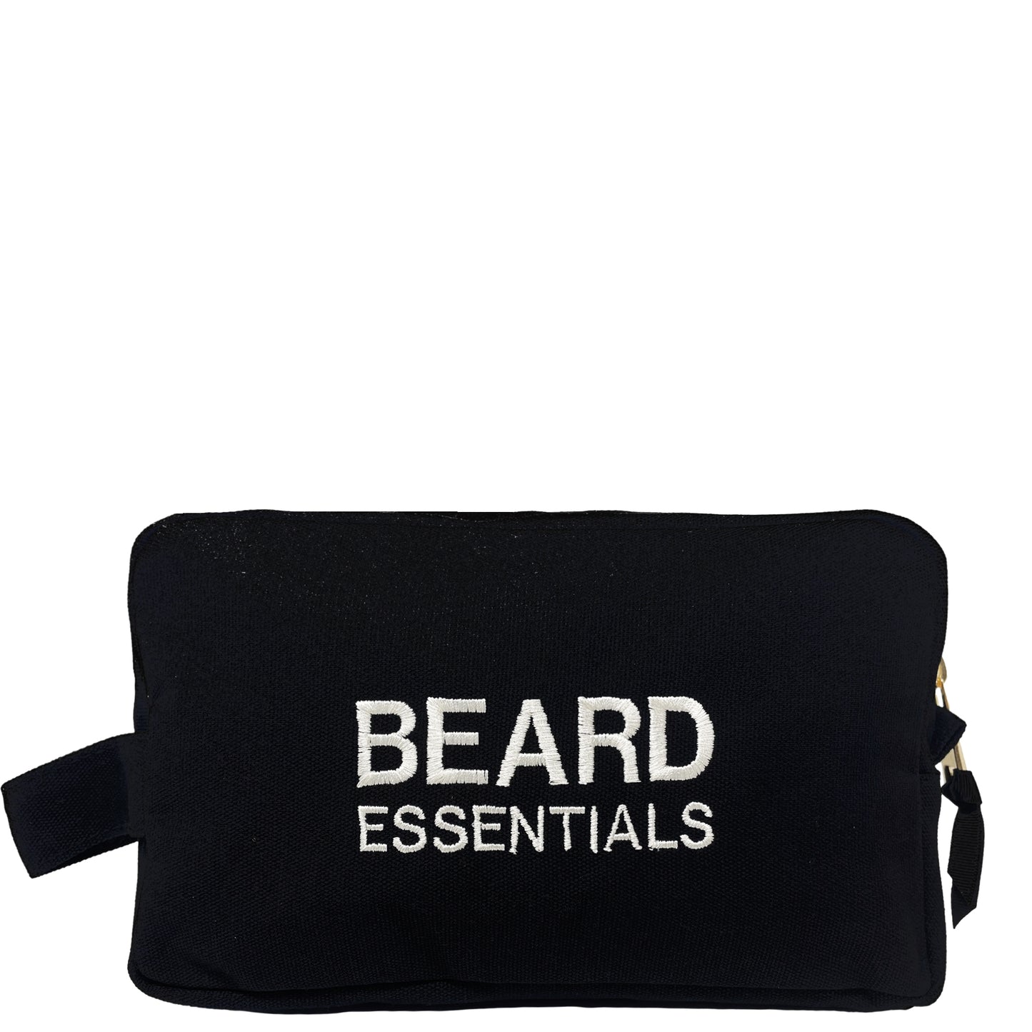 Bag-all Beard Essentials black cotton travel case with white embroidered text, perfect for organizing grooming supplies and toiletries