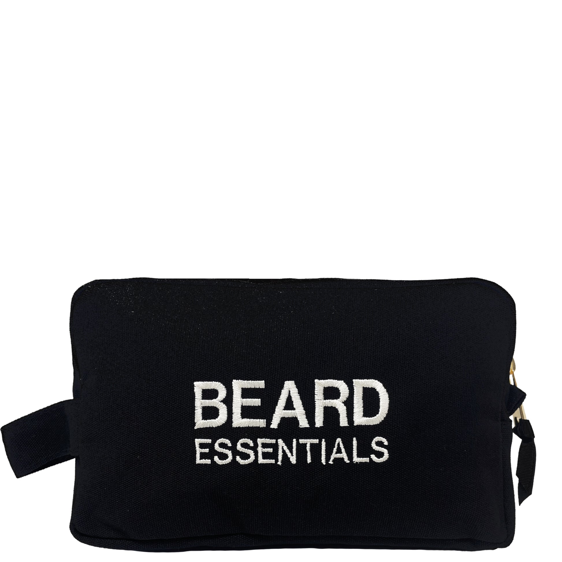 Bag-all Beard Essentials black cotton travel case with white embroidered text, perfect for organizing grooming supplies and toiletries