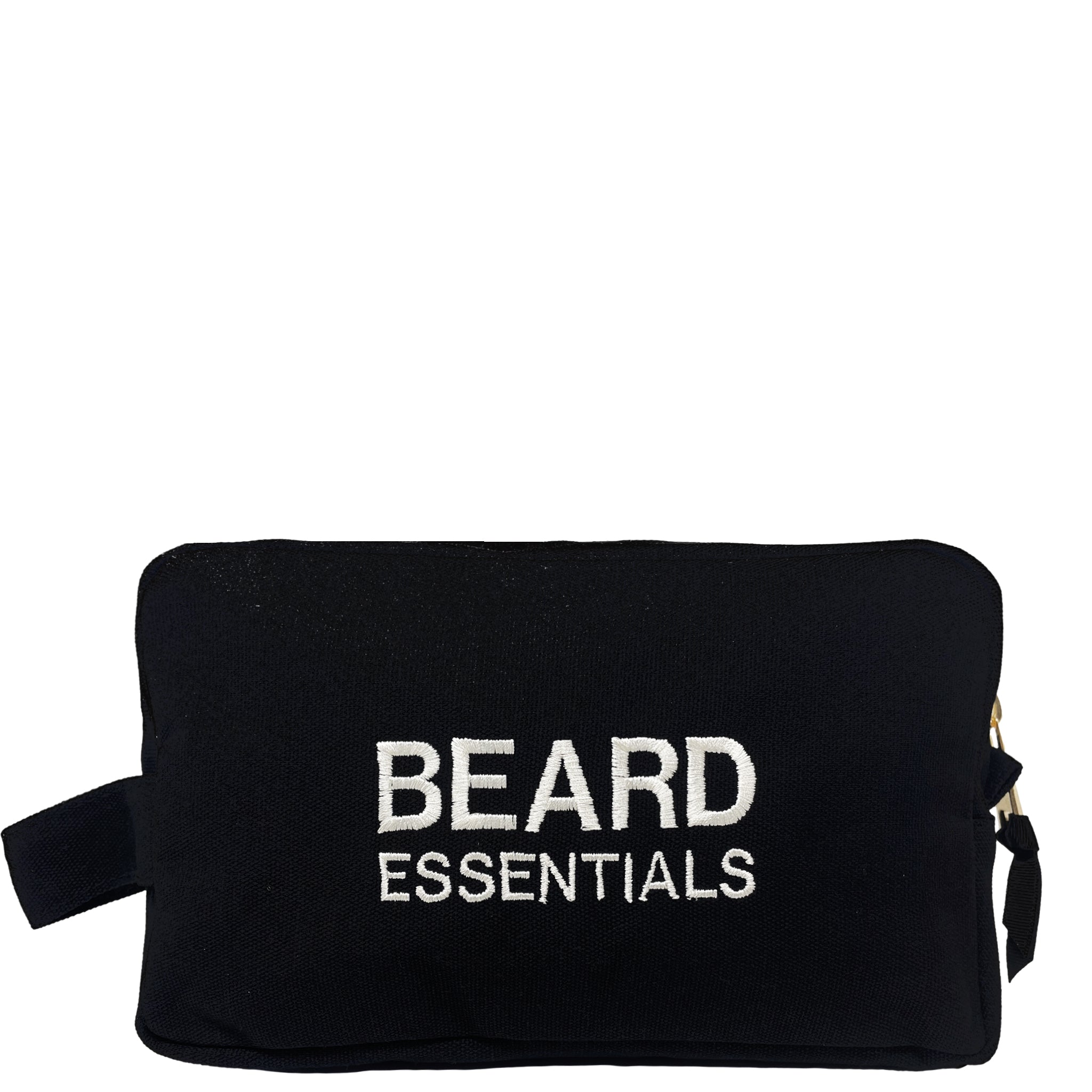 Bag-all Beard Essentials black cotton travel case with white embroidered text, perfect for organizing grooming supplies and toiletries