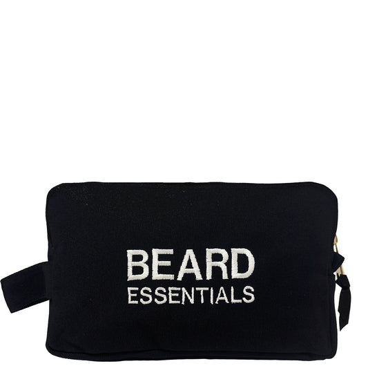 Bag-all Beard Essentials black cotton travel case with white embroidered text, perfect for organizing grooming supplies and toiletries