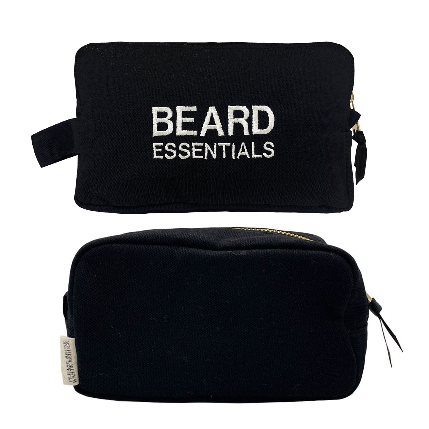 Bag-all Beard Essentials organizer case in black cotton canvas with embroidered text, perfect for grooming supplies and travel toiletries