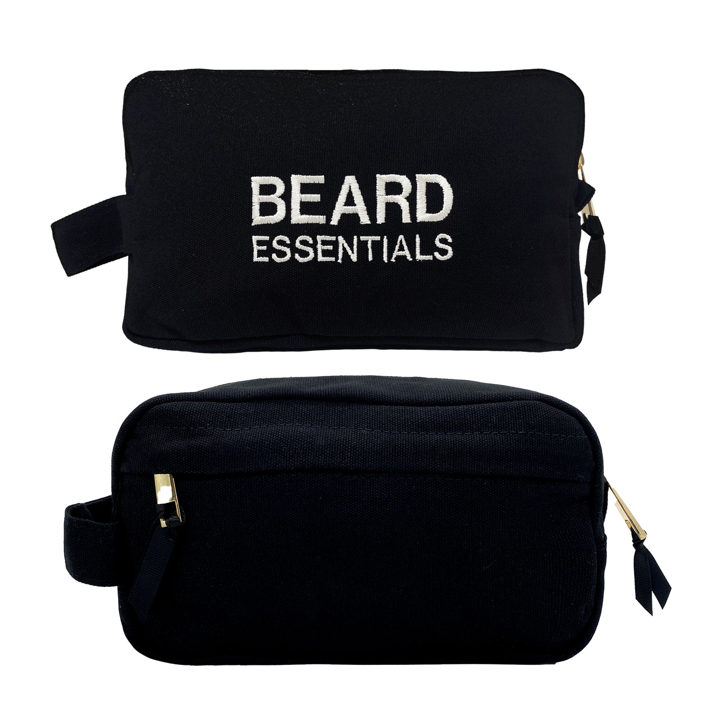 Black Beard Essentials pouch with white embroidery and gold zipper details by Bag-all front and back views