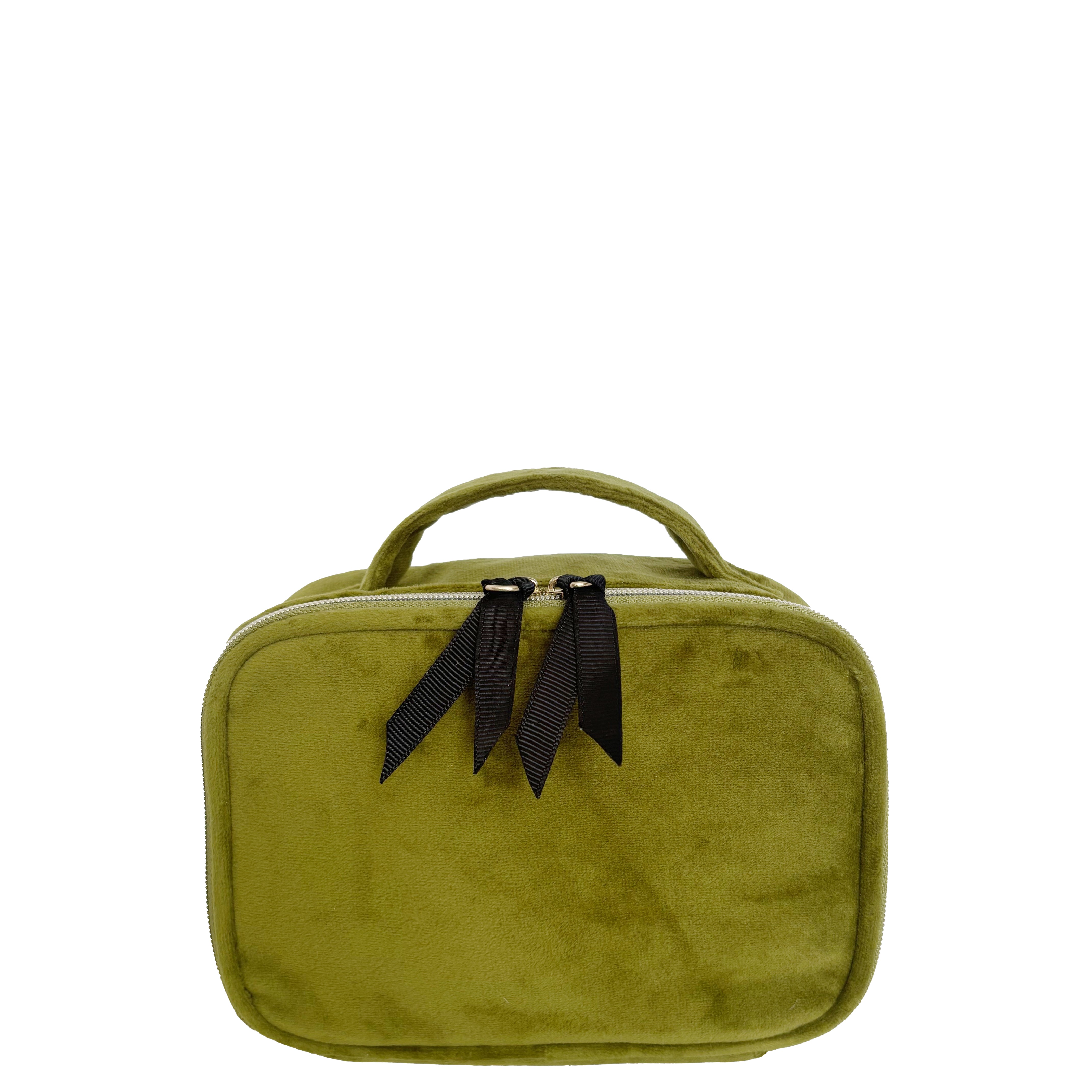 Bag-all Small Beauty Box in luxurious green velvet with black zipper details and top handle, perfect for organizing makeup and accessories