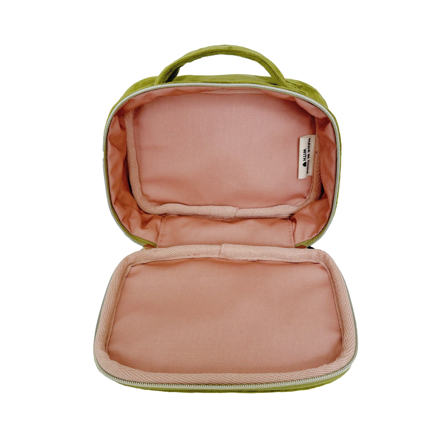 Bag-all Green Velvet Pill Box with Handle & Weekly Organizer featuring pink interior lining, zippered compartment, and portable design for organized medication storage and travel convenience