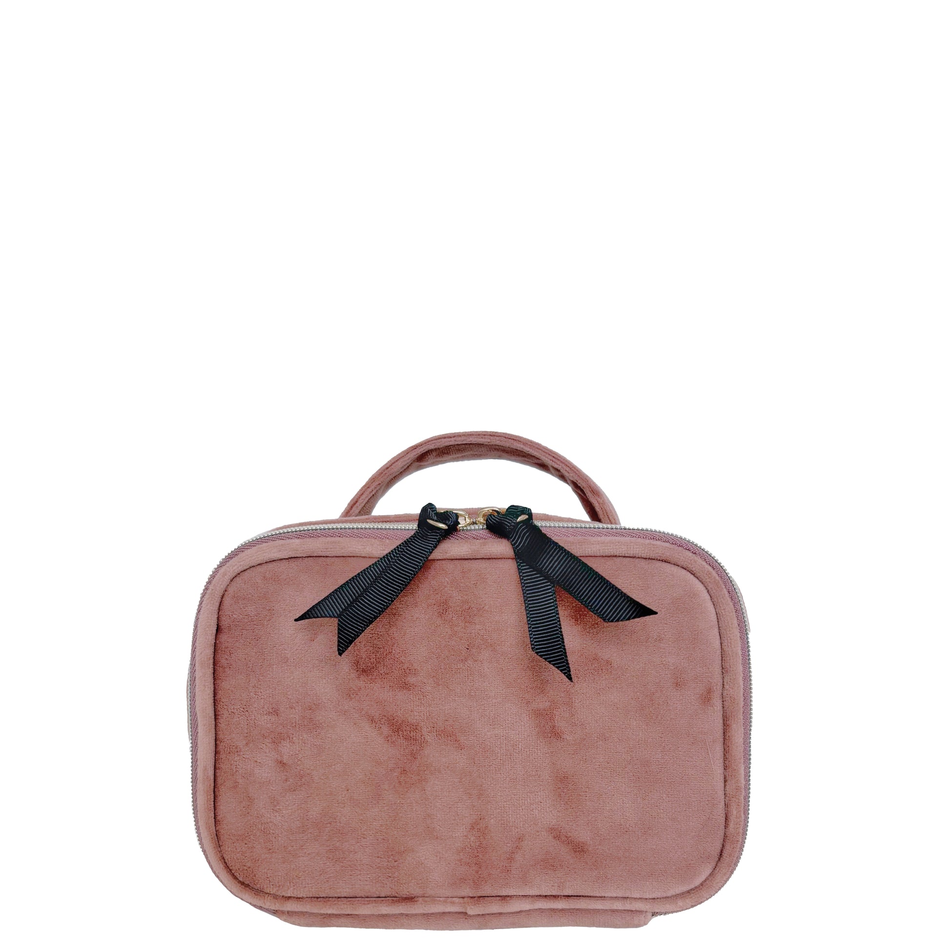 Bag-all Pink Velvet Pill Box with Handle & Weekly Organizer featuring black bow detail, compact travel design, eco-friendly material, spacious compartments for medication storage