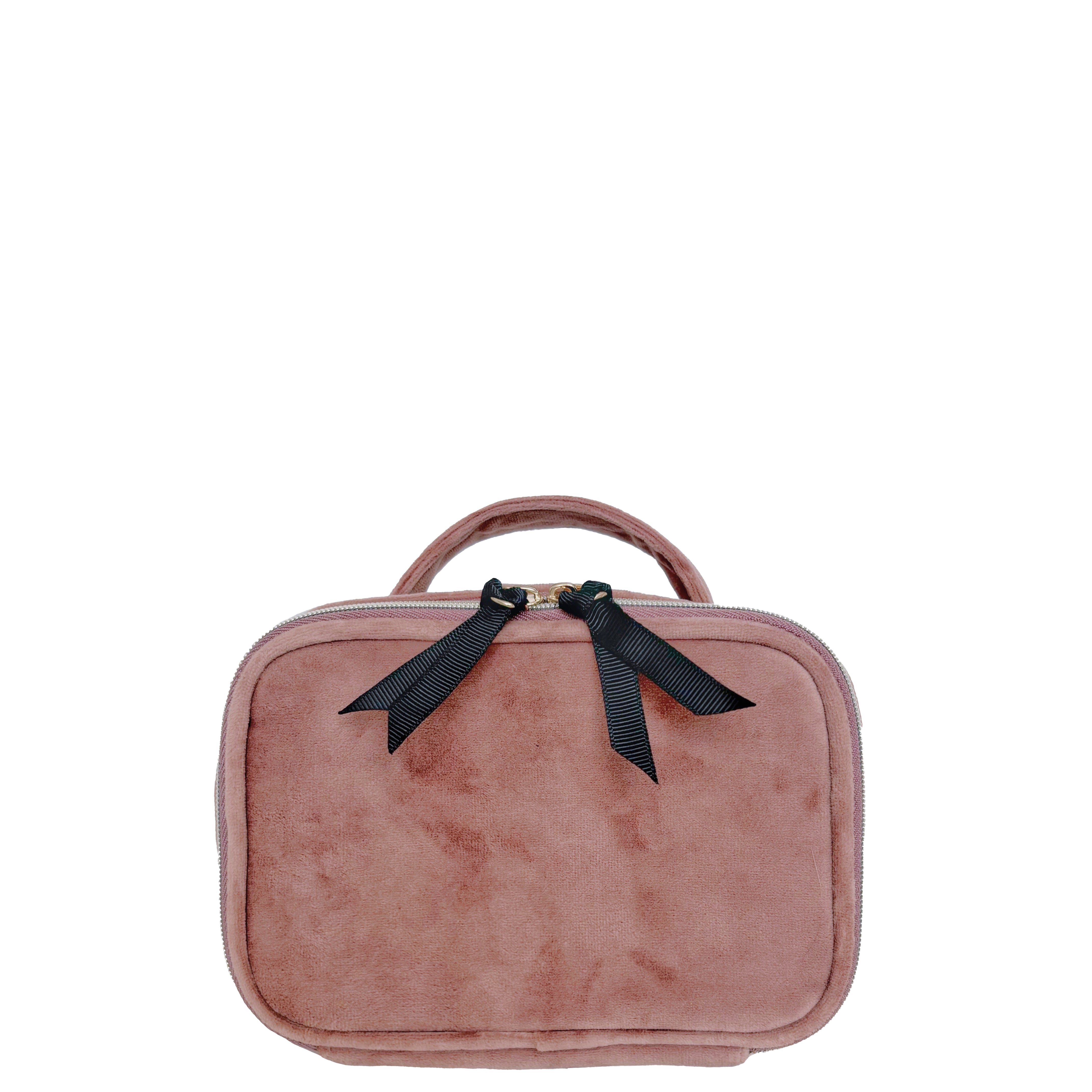 Bag-all Pink Velvet Pill Box with Handle & Weekly Organizer featuring black bow detail, compact travel design, eco-friendly material, spacious compartments for medication storage