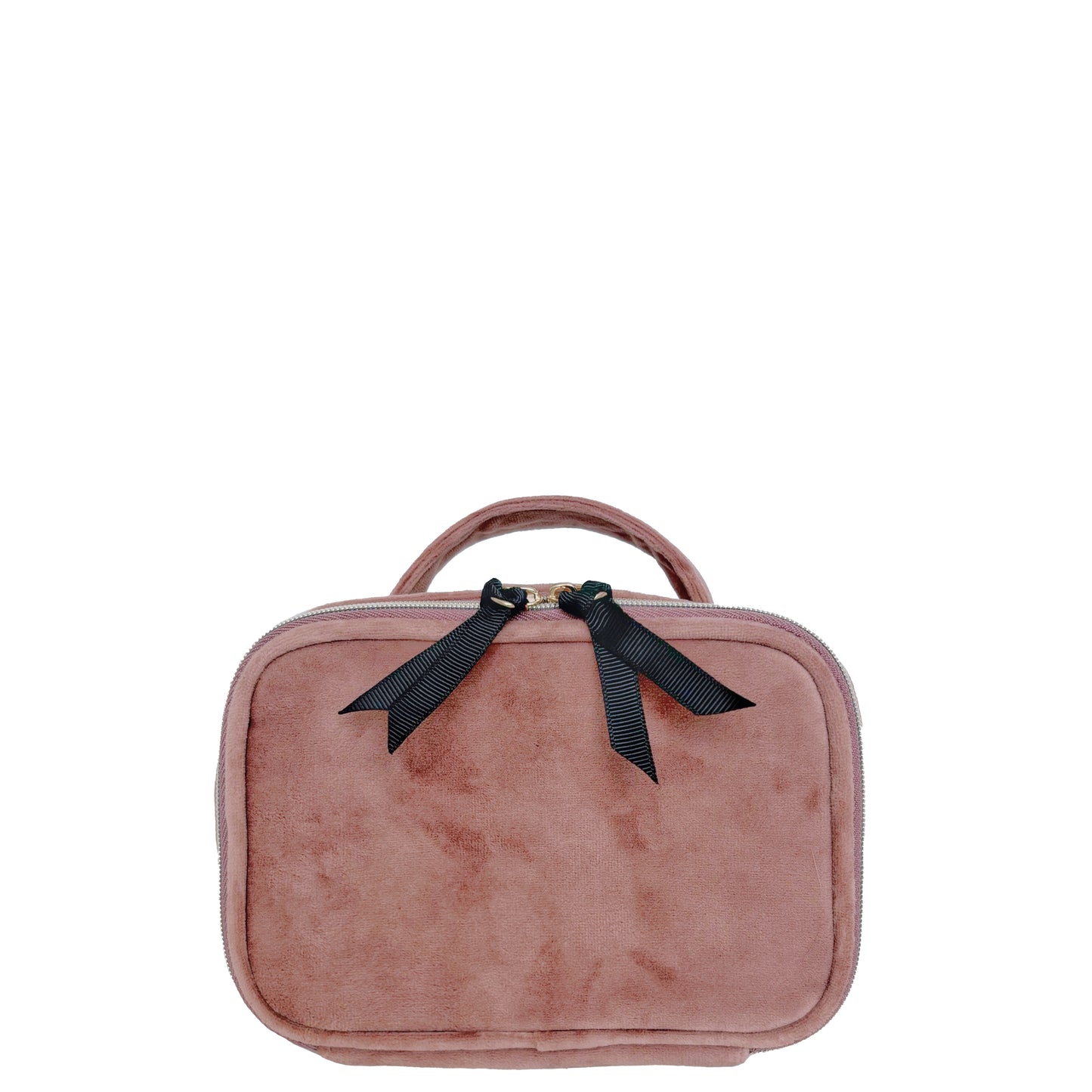 Bag-all Small Beauty Box in Pink Velvet with black bow detail - compact storage case for makeup and accessories, featuring soft vegan velvet material and top handle