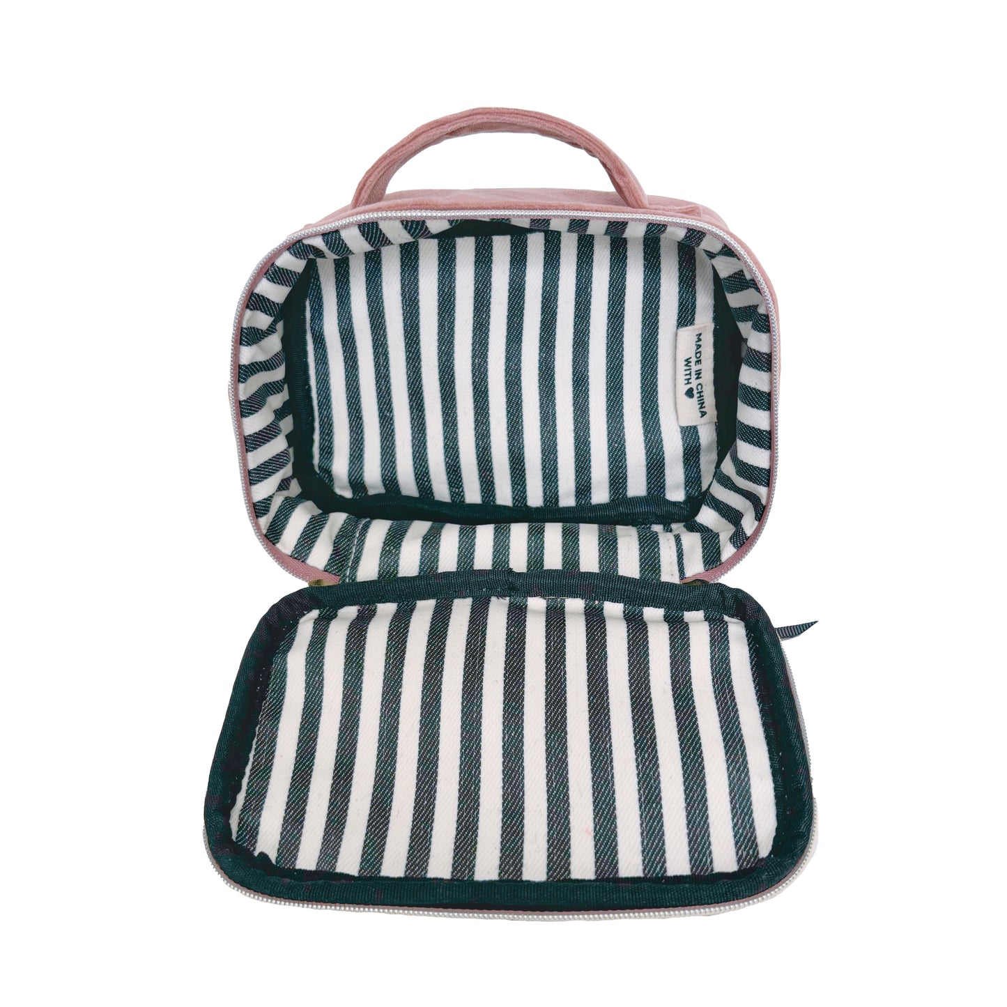 Bag-all Pink Velvet Pill Box with Handle featuring striped interior compartments, weekly organizer system, and eco-friendly design for medication storage and travel