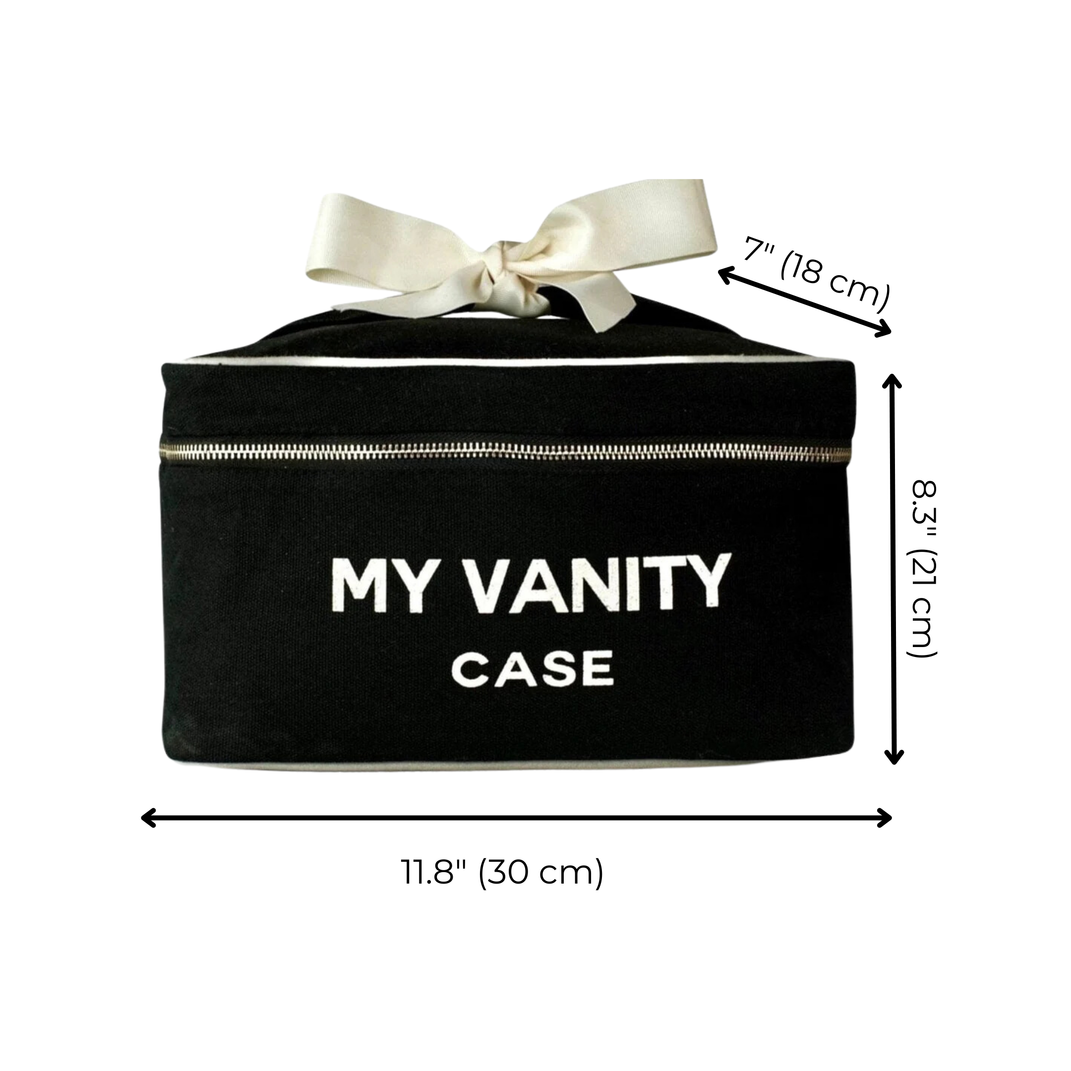 Bag-all My Vanity Large Beauty Box in black canvas with cream ribbon, featuring waterproof lining and silver zipper, perfect for organizing cosmetics and toiletries