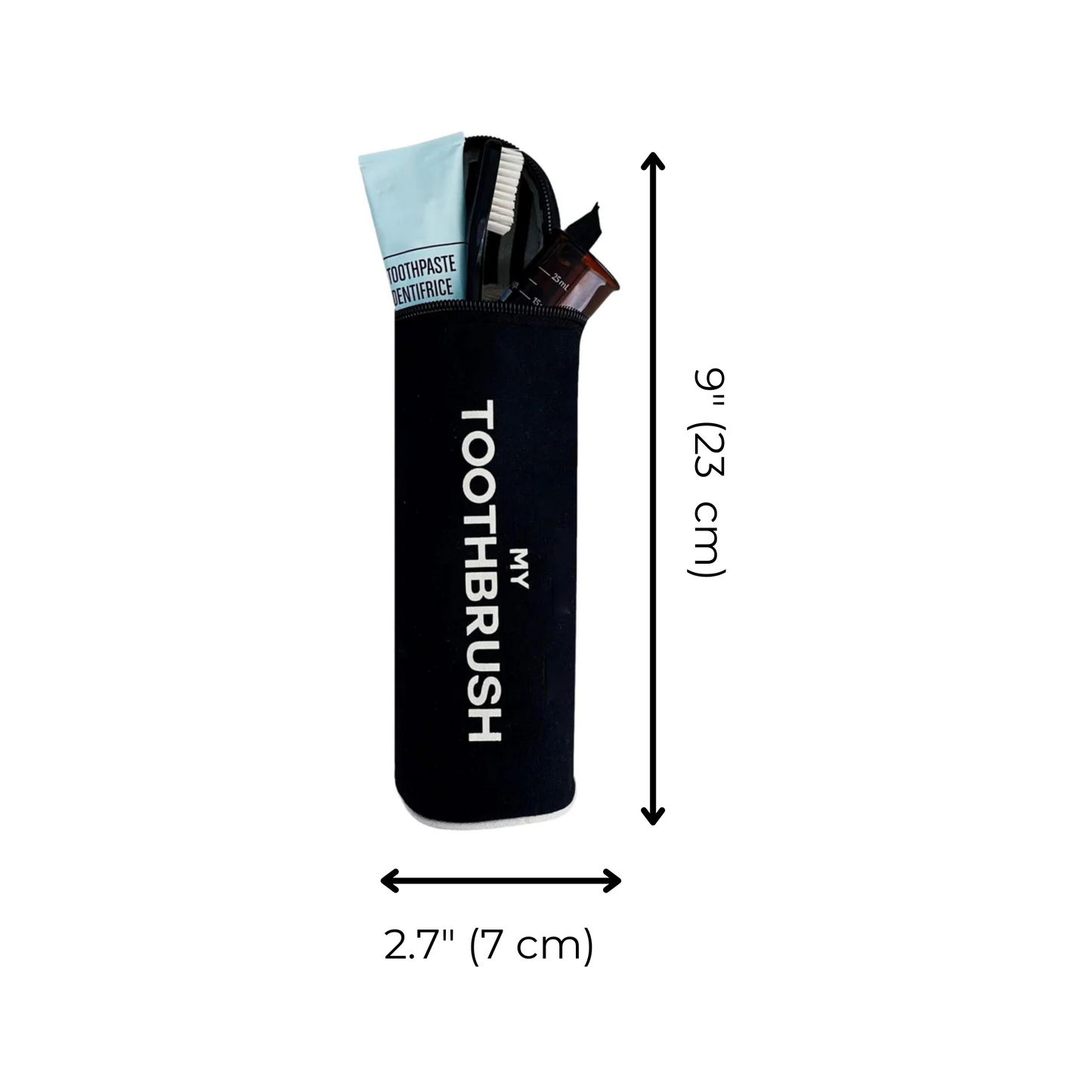 Bag-all Black Toothbrush Travel Case with metal zipper, fits 5 toothbrushes and toothpaste, measures 9.1 x 2.7 inches, perfect for travel organization