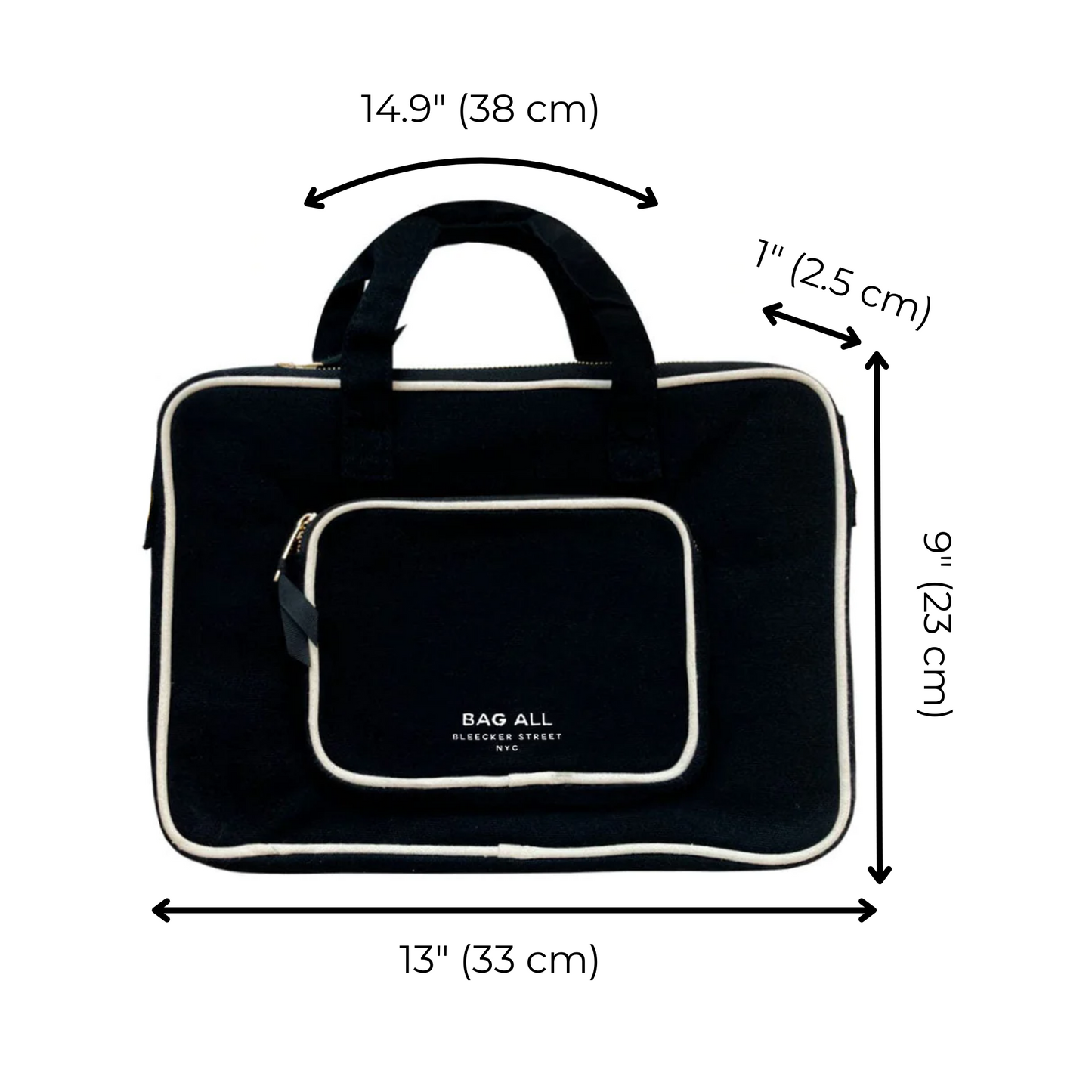 Bag-all black laptop case 13" with measurements, featuring white trim, front charger pocket, and double handles. Sleek design with dimensions 38x33x2.5cm.
