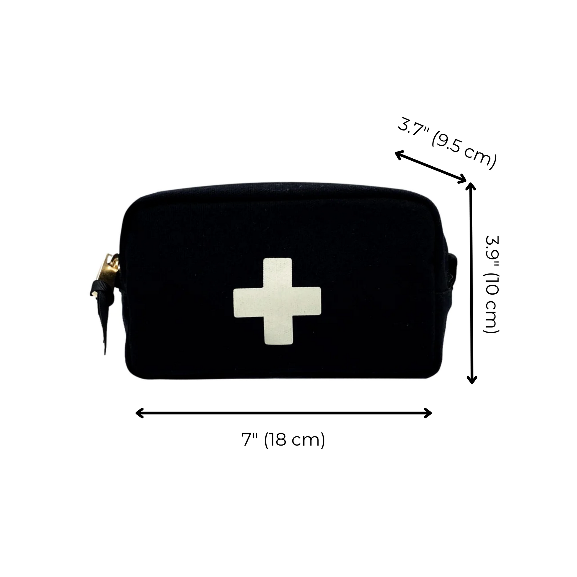 Bag-all First Aid Organizing Pouch in black cotton with white cross, padded striped interior, zippered closure, compact size 7x3.9x3.7 inches, perfect for medical essentials