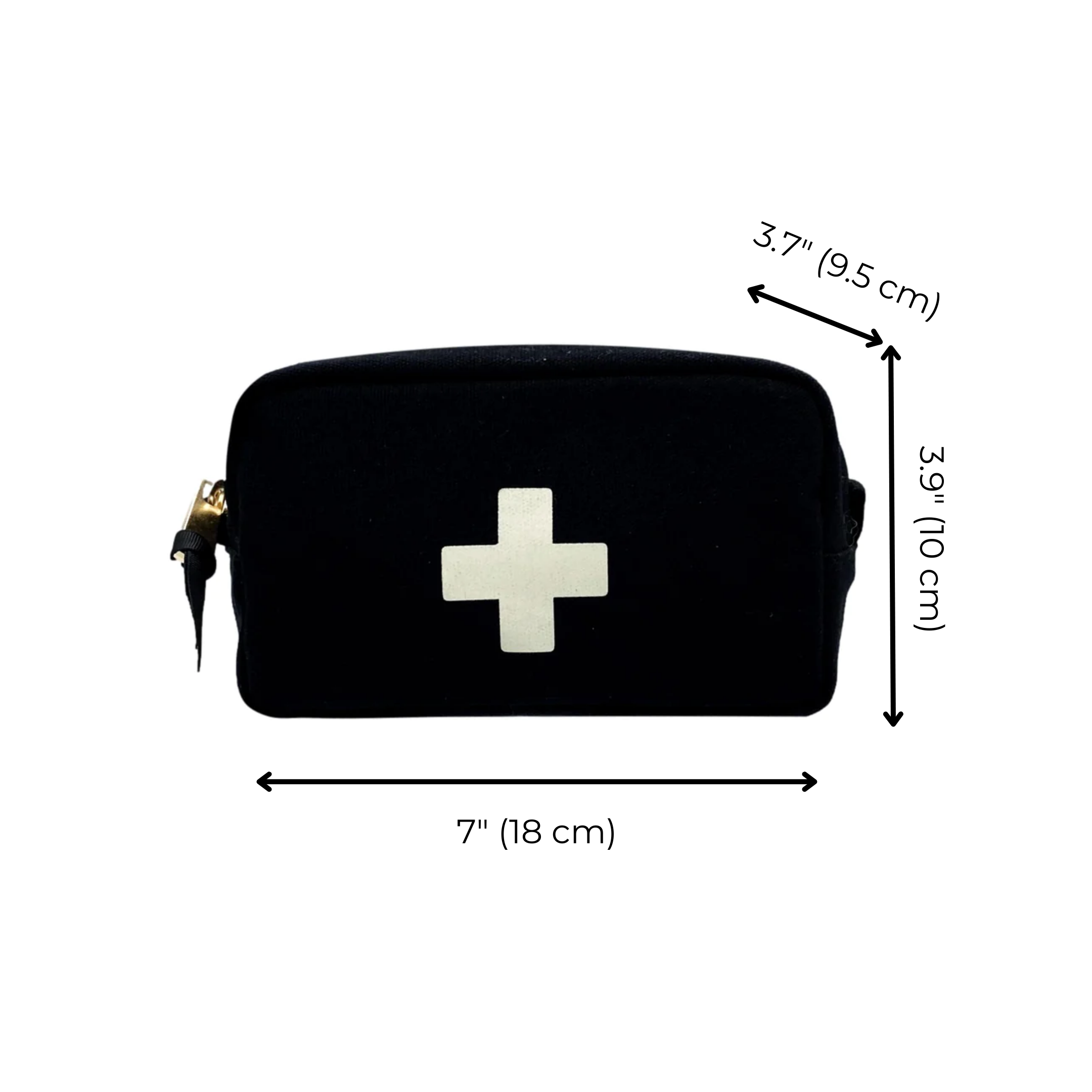 Bag-all First Aid Organizing Pouch in black cotton with white cross, padded striped interior, zippered closure, compact size 7x3.9x3.7 inches, perfect for medical essentials