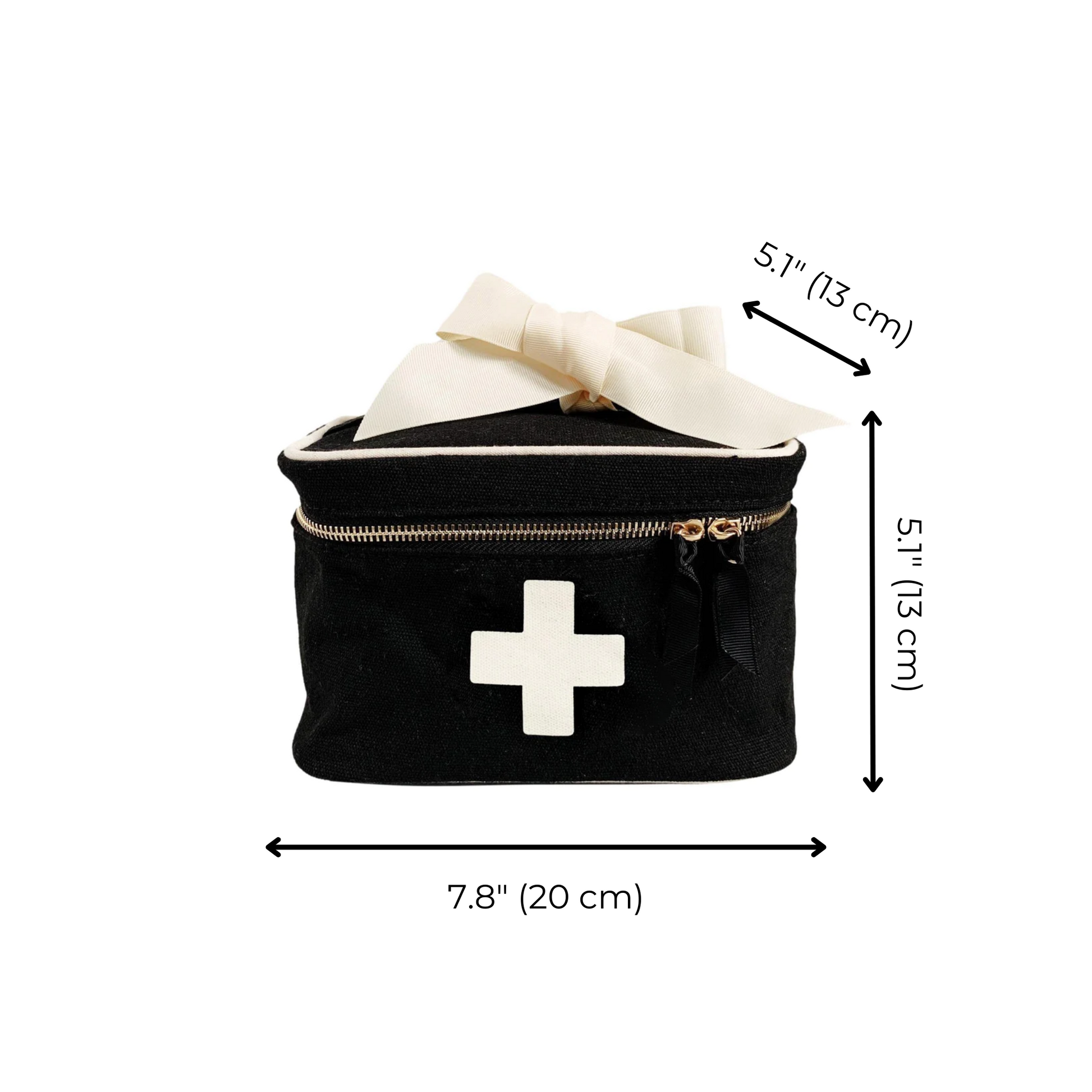 Bag-all Meds and First Aid Storage Box Black with white cross, cream ribbon, dual zippers, carrying handle. Stylish medical organizer 7.8x5.1x5.1 inches