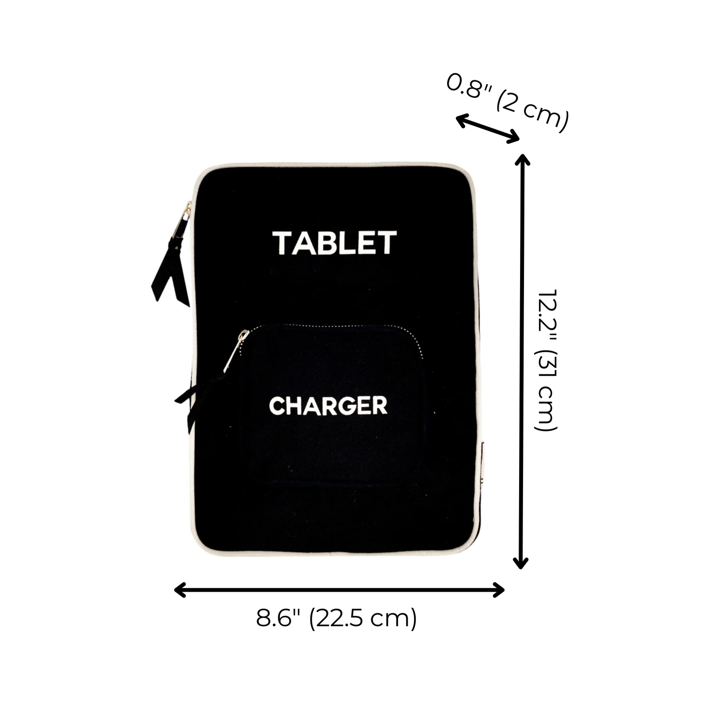 Bag-all Tablet Case 11" in black with convenient charger pocket, featuring durable metal zippers and protective padding, perfect for organizing your device and accessories.