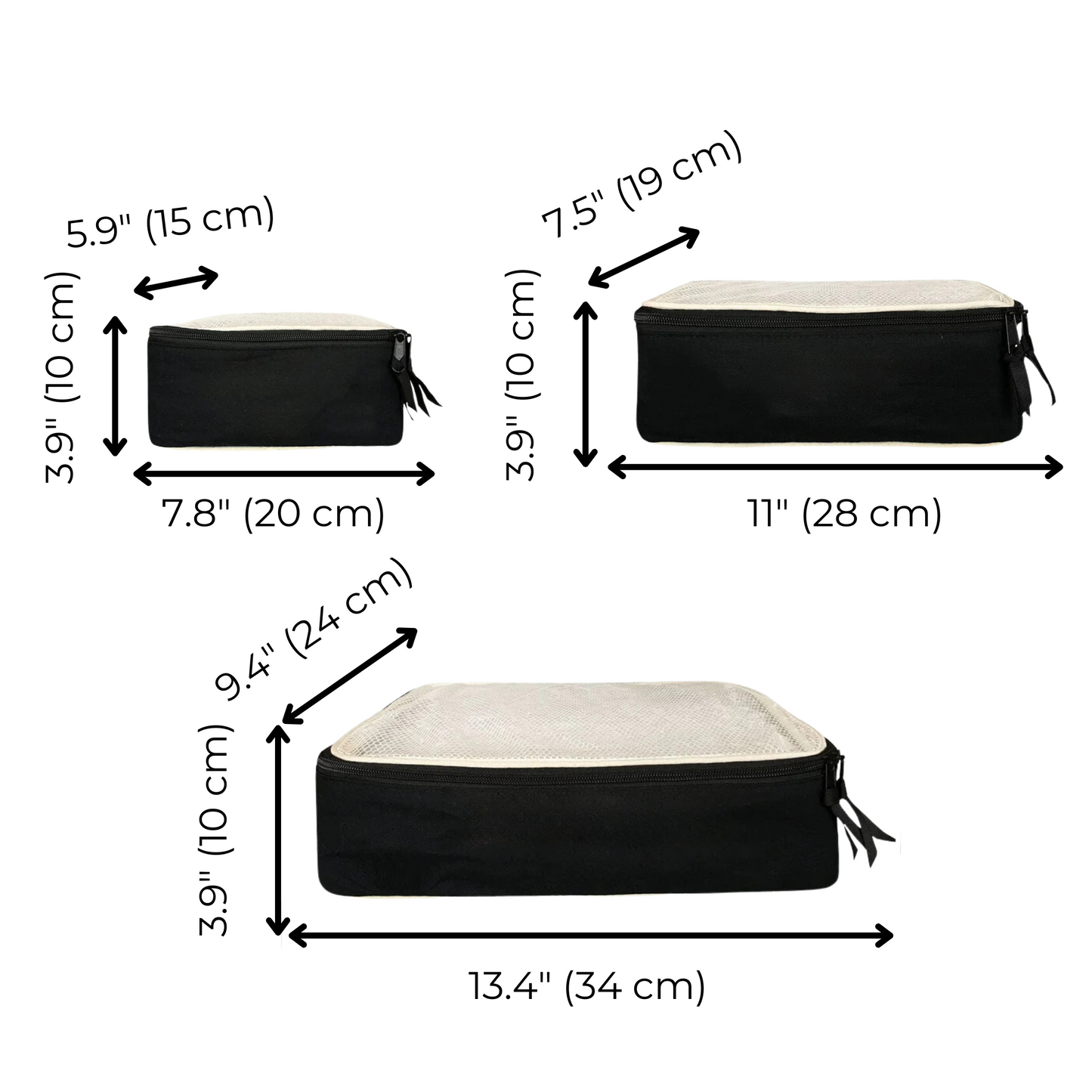 Bag-all Cotton Packing Cubes 3-pack in Black: Small (15x20cm), Medium (19x28cm), and Large (24x34cm) with mesh tops for organized travel and storage solutions