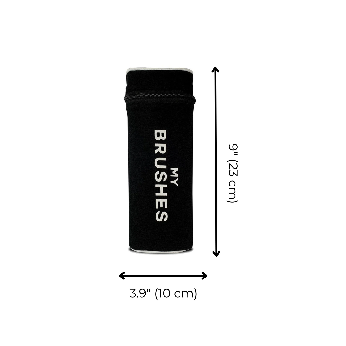 Bag-all My Brushes black cotton storage case, 9 inches tall, designed for makeup brush organization with clear white text print, perfect for travel