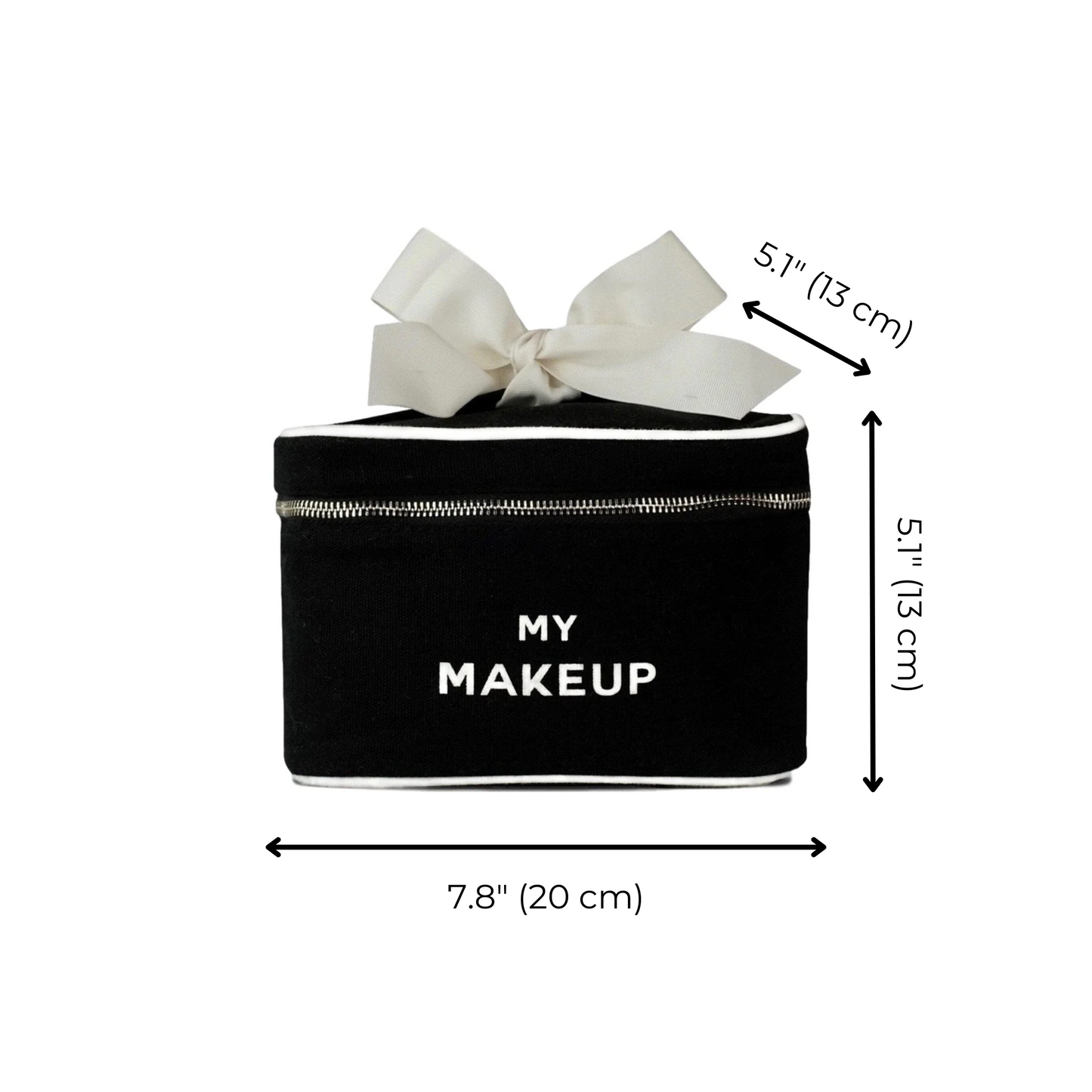 Bag-all My Makeup Cosmetic Box in black canvas with white bow, featuring waterproof interior and silver zipper, perfect for organizing beauty essentials, measures 7.8 x 5.1 inches