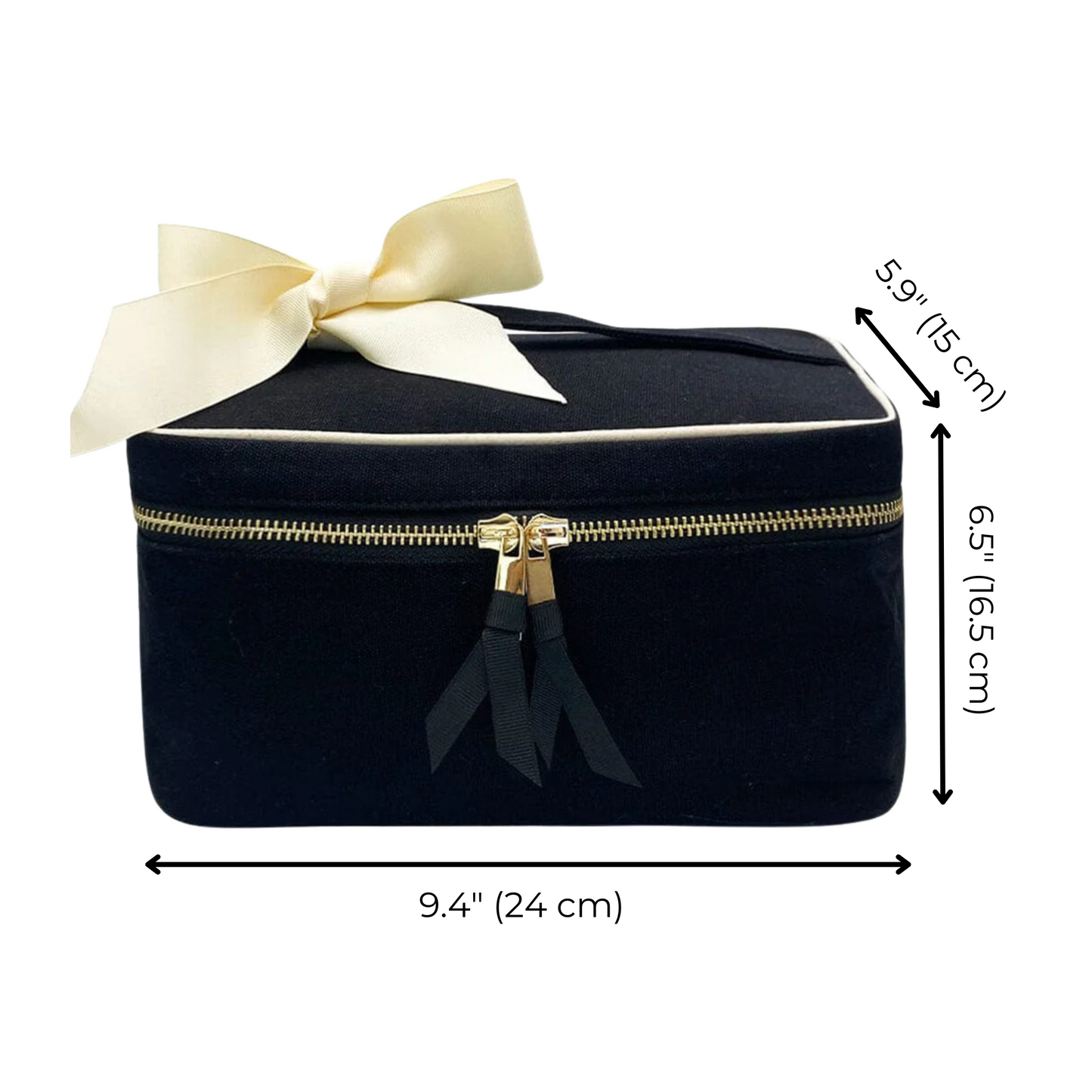 Bag-all Medium Box Makeup & Toiletry in Black cotton with cream bow, gold zipper and dimensions 9.4 x 6.5 x 5.9 inches, perfect for organizing cosmetics and travel