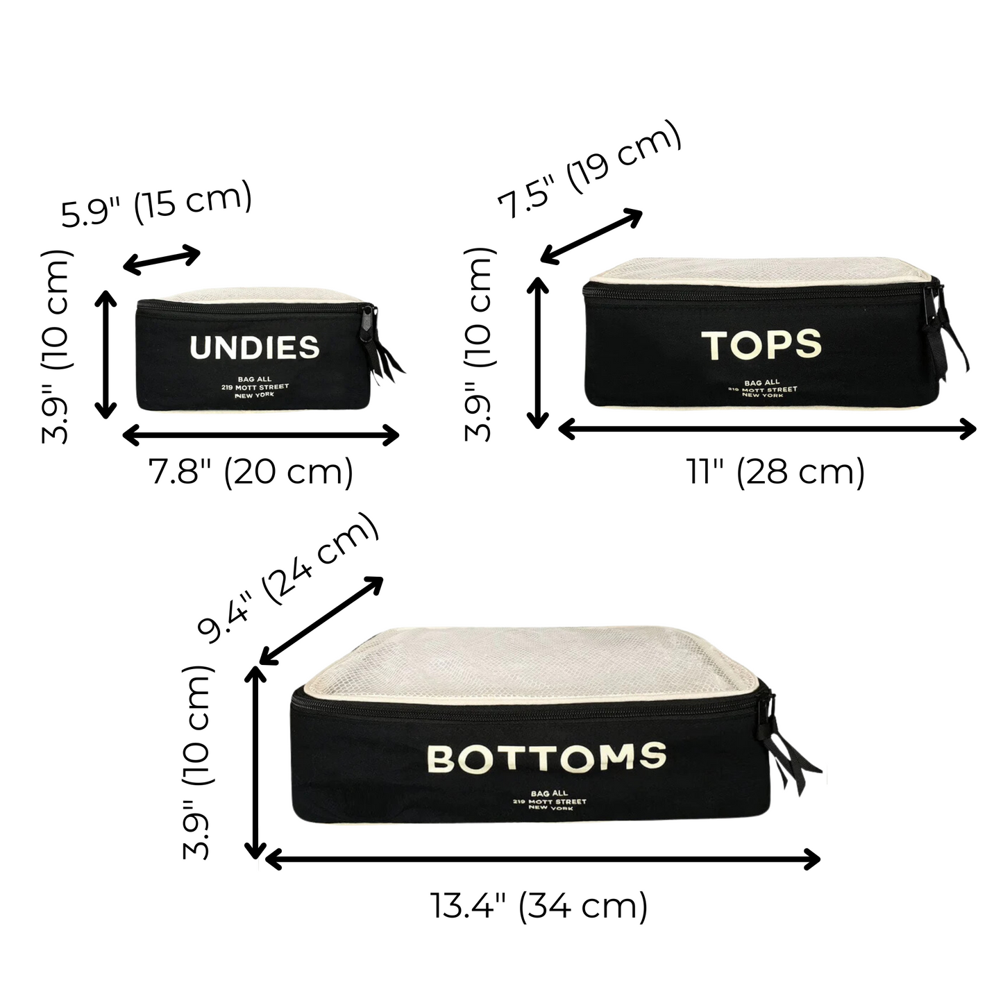 Bag-all Cotton Packing Cubes 3-pack in Black with size measurements - labeled UNDIES, TOPS, and BOTTOMS with white mesh top and black zippers for organized travel and storage