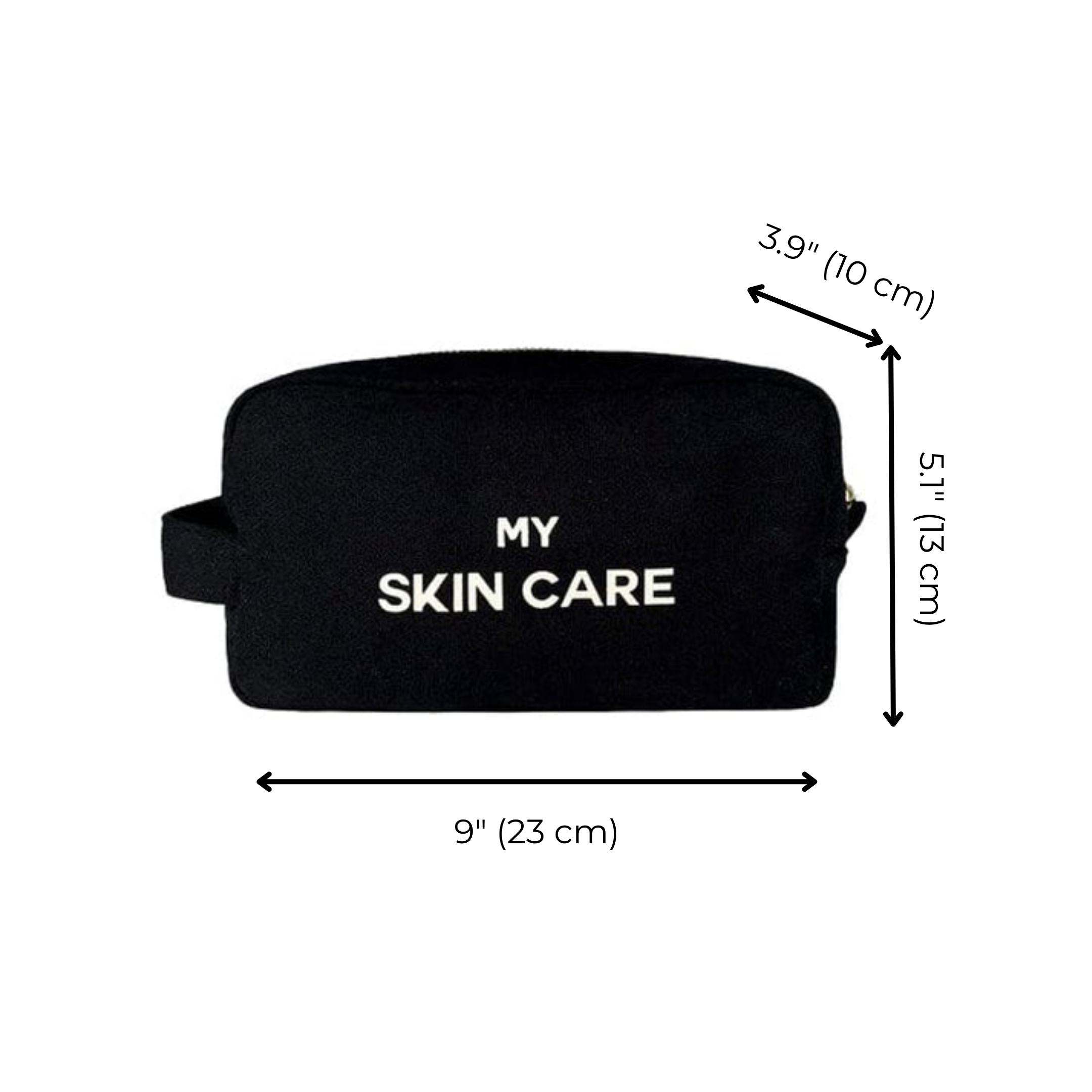 Bag-all My Skin Care Organizing Pouch in black cotton with waterproof lining, gold zipper, and white text print. Size: 9x3.9x5.1 inches