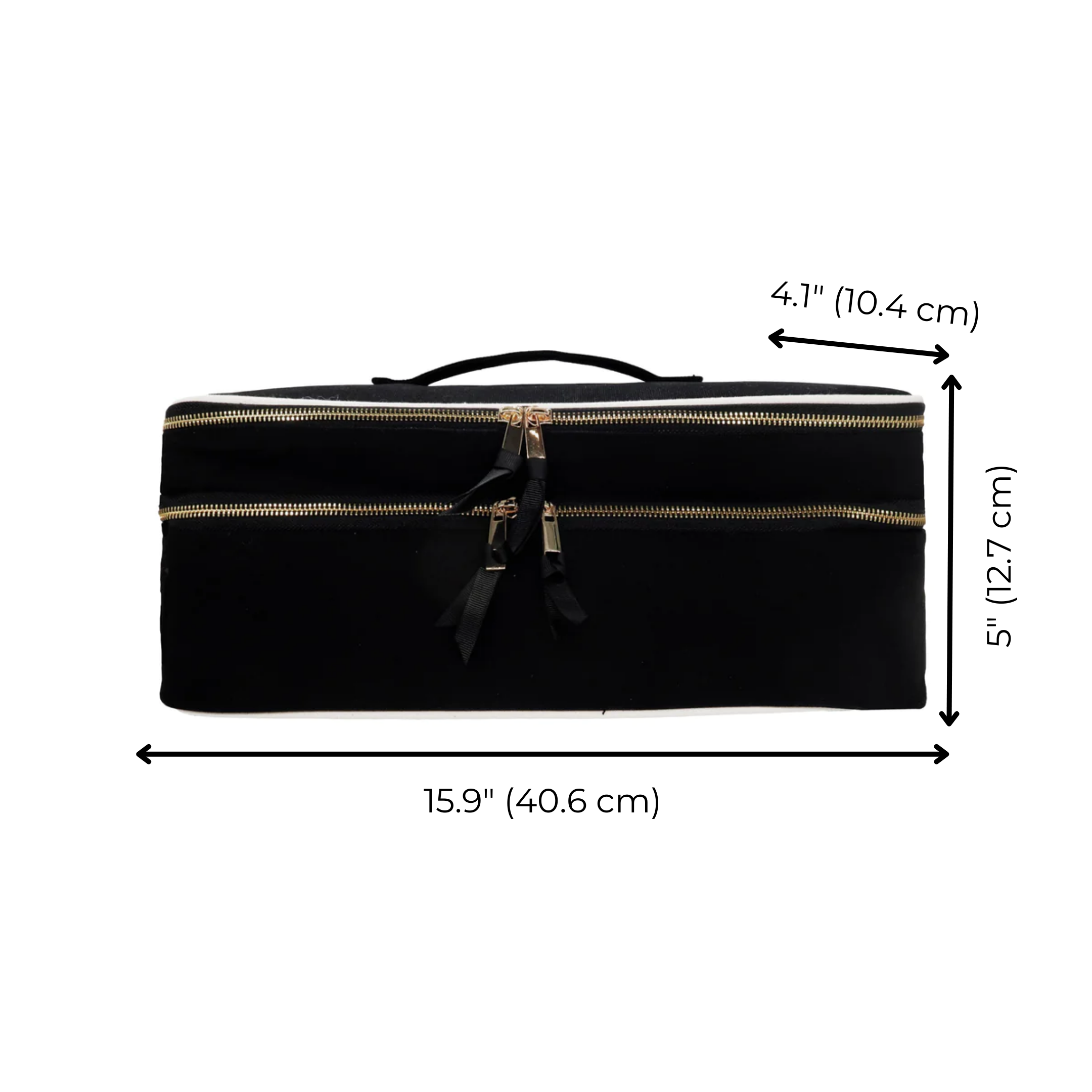 Bag-all Double Hair Tools Travel Case in black with dual compartments, heat-protective lining, and gold zippers. Measures 15.9 x 5 x 4.1 inches, perfect for organizing styling tools and accessories.