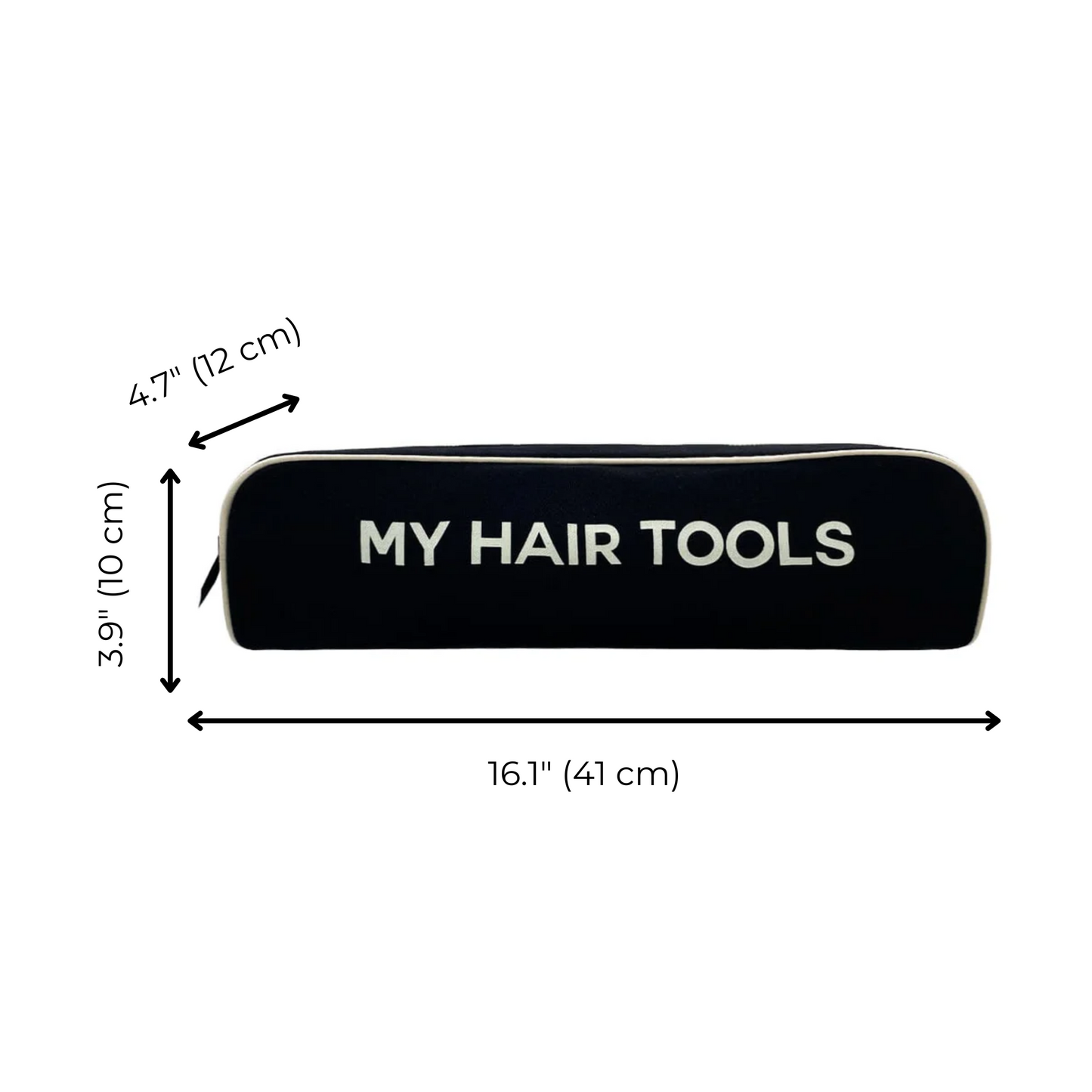 Bag-all Roomy Hair Wrap Tools Travel Case in black with "MY HAIR TOOLS" text, showing dimensions 16.1" x 3.9" x 4.7", perfect for Dyson Airwrap storage