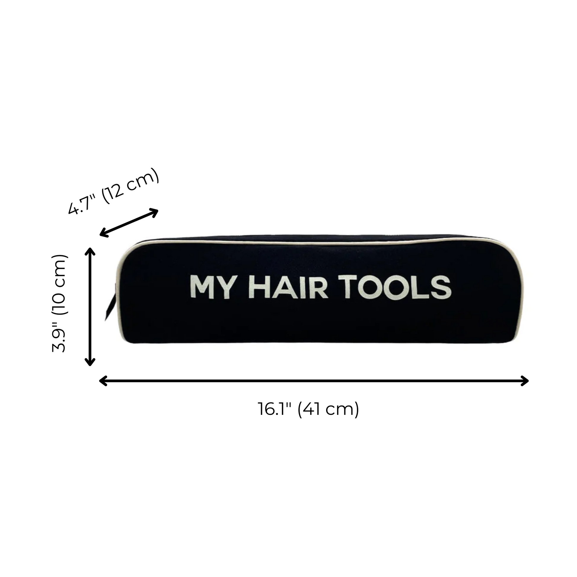 Bag-all Roomy Hair Wrap Tools Travel Case in black with "MY HAIR TOOLS" text, showing dimensions 16.1" x 3.9" x 4.7", perfect for Dyson Airwrap storage